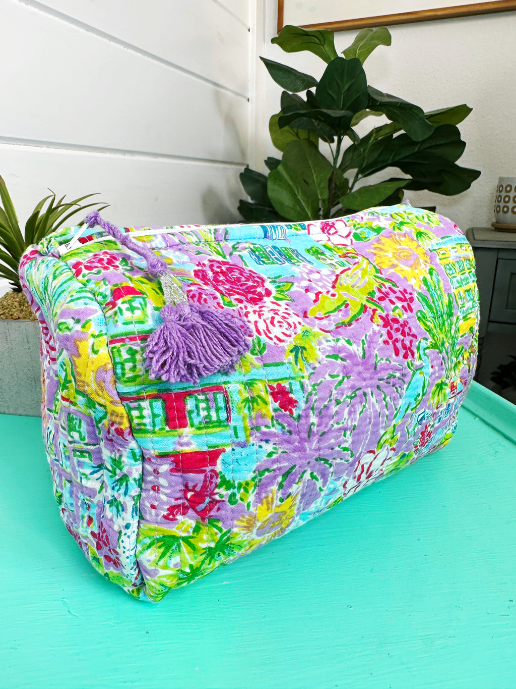 Purple Tropical Southern Town Print Quilted Makeup Cosmetics Toiletry Bag