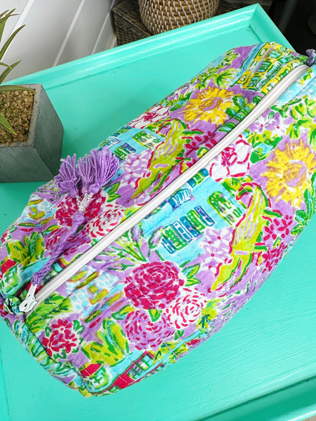 Purple Tropical Southern Town Print Quilted Makeup Cosmetics Toiletry Bag