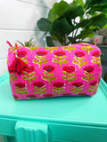 Quilted Makeup Cosmetics Toiletry Bag - Hot Pink and Red Floral Print