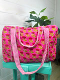Quilted Weekender Duffle Overnight Bag - Hot Pink and Red Floral Print