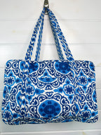 Blue and White Medallion Print Quilted Weekender Overnight Bag