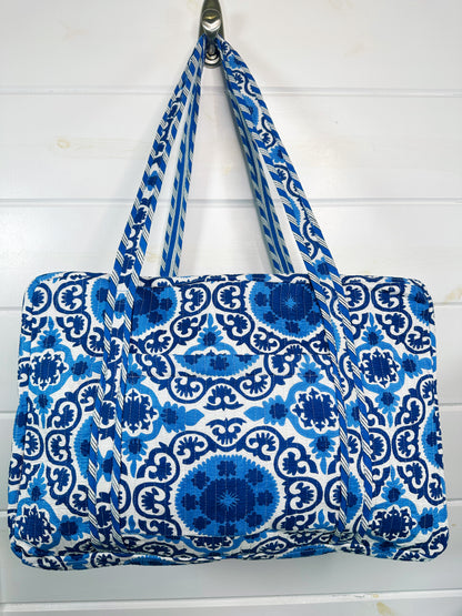 Blue and White Medallion Print Quilted Weekender Overnight Bag