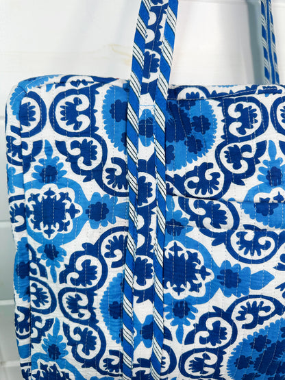Blue and White Medallion Print Quilted Weekender Overnight Bag