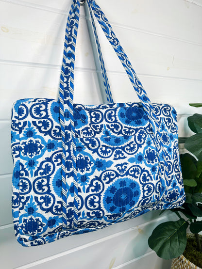 Blue and White Medallion Print Quilted Weekender Overnight Bag