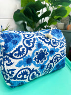 Blue and White Medallion Print Quilted Makeup Cosmetics Toiletry Bag
