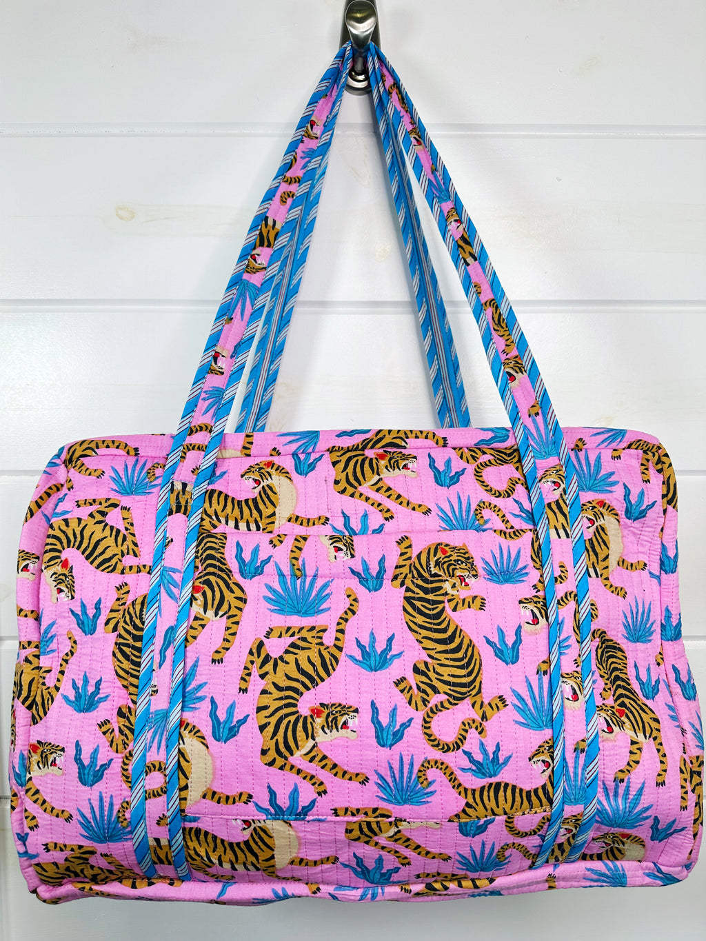 Light Pink and Blue Tiger Print Quilted Weekender Overnight Bag