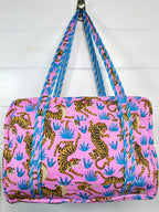 Light Pink and Blue Tiger Print Quilted Weekender Overnight Bag