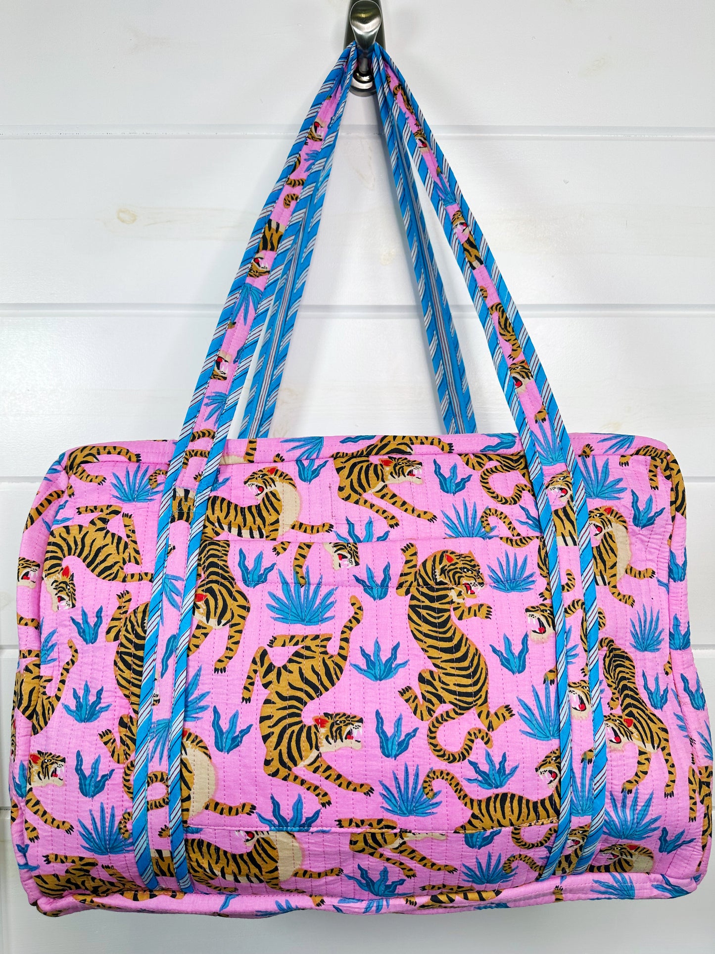 Light Pink and Blue Tiger Print Quilted Weekender Overnight Bag