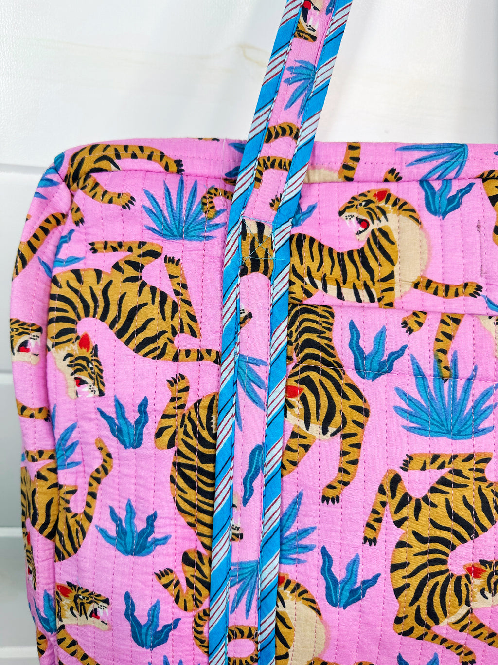Light Pink and Blue Tiger Print Quilted Weekender Overnight Bag