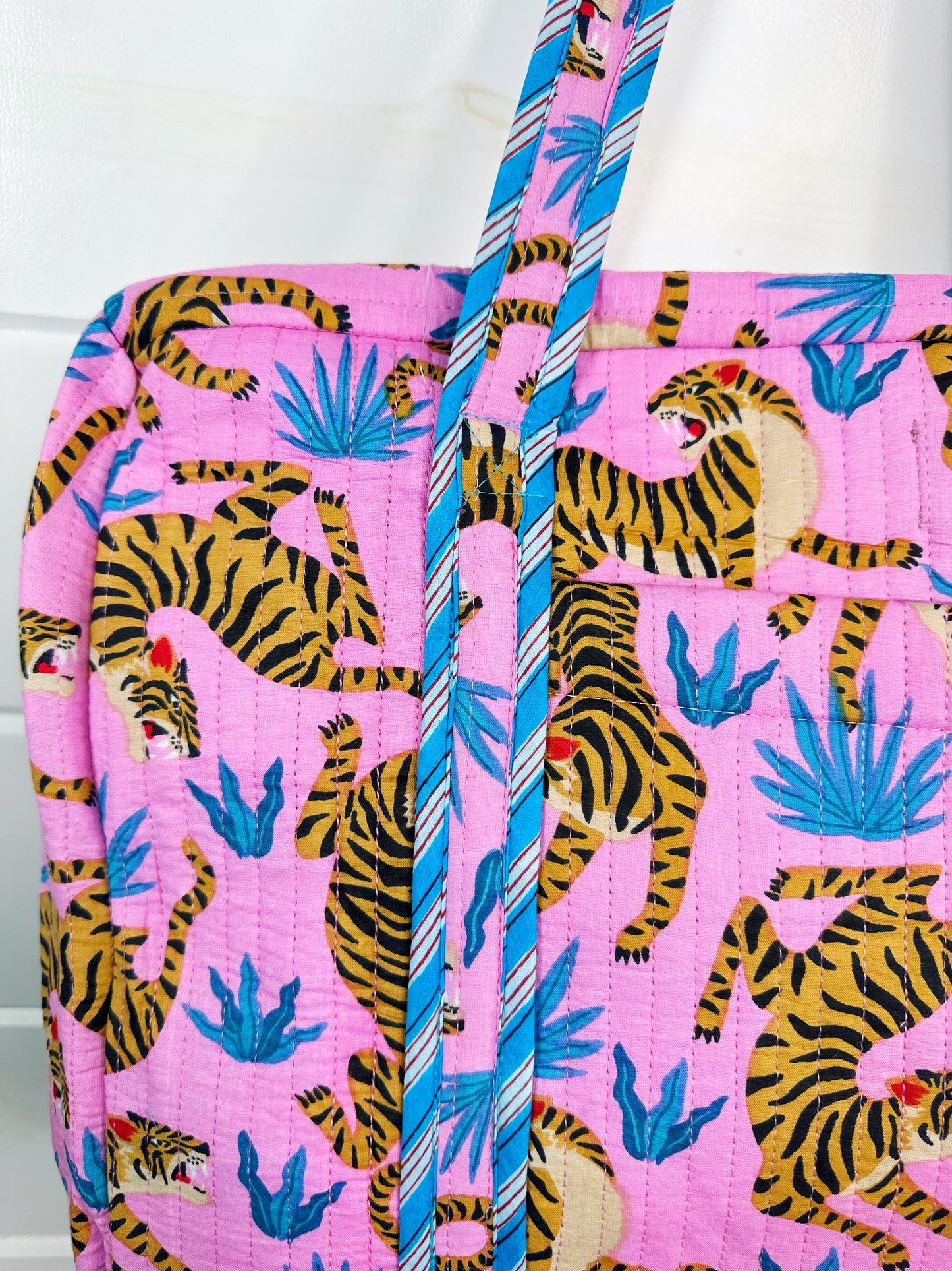 Light Pink and Blue Tiger Print Quilted Weekender Overnight Bag