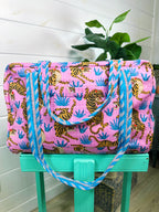 Light Pink and Blue Tiger Print Quilted Weekender Overnight Bag