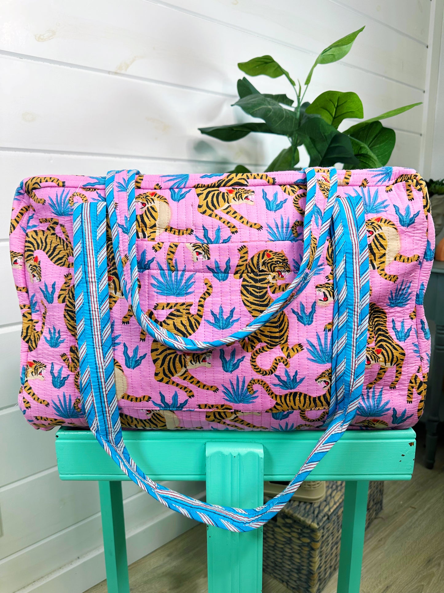 Light Pink and Blue Tiger Print Quilted Weekender Overnight Bag