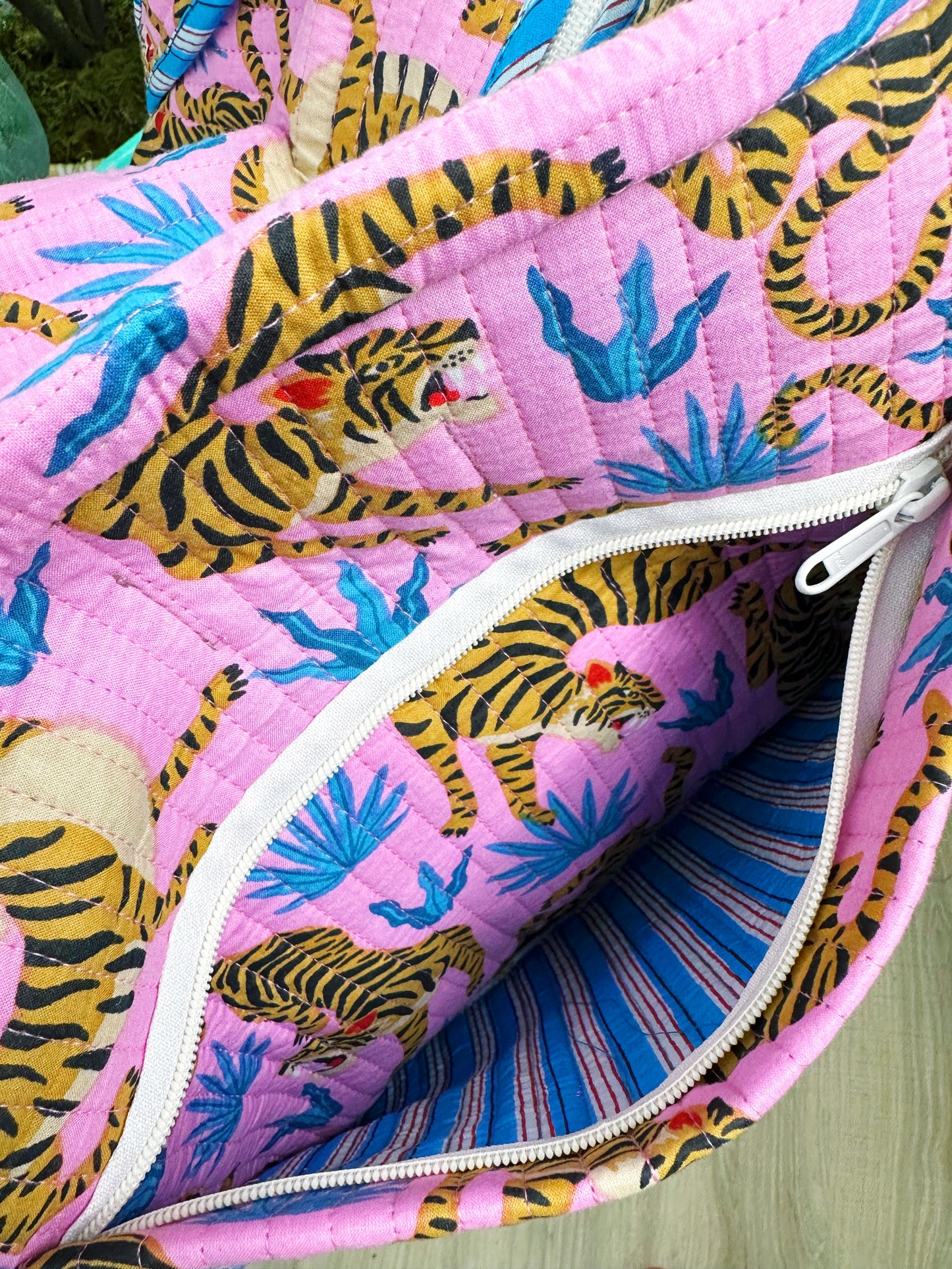 Light Pink and Blue Tiger Print Quilted Weekender Overnight Bag