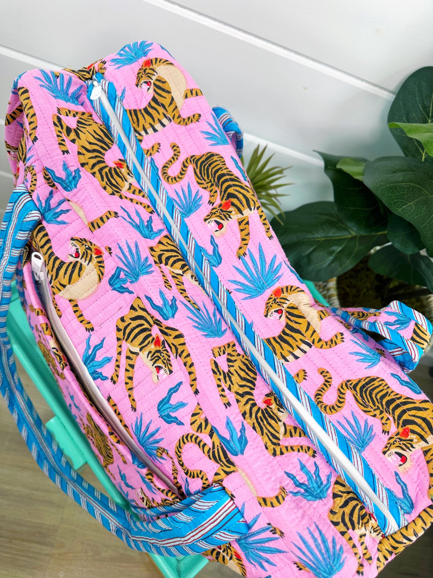 Light Pink and Blue Tiger Print Quilted Weekender Overnight Bag