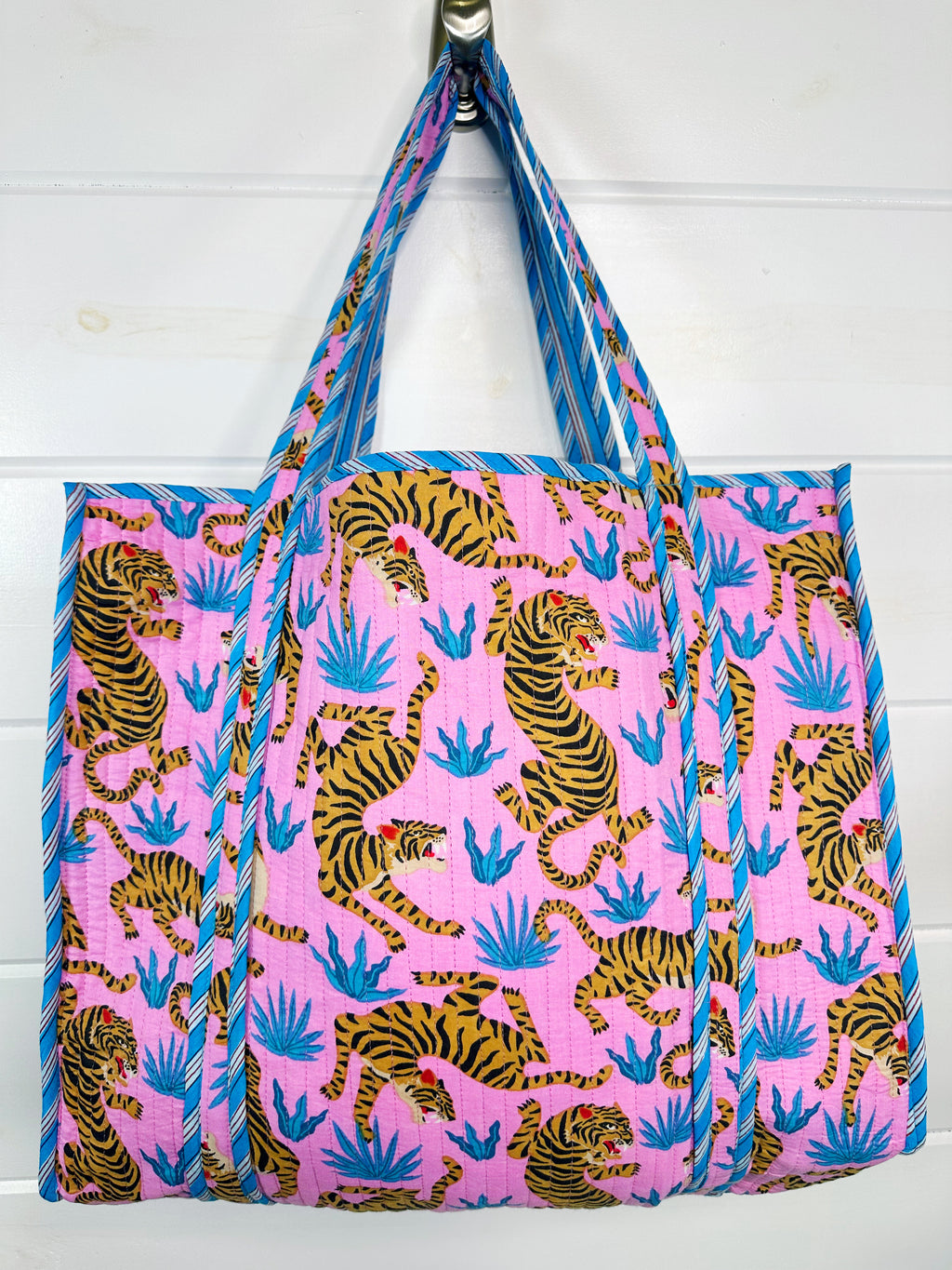 Light Pink and Blue Tiger Print Quilted Cotton Reversible Large Tote Bag