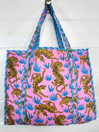 Light Pink and Blue Tiger Print Quilted Cotton Reversible Large Tote Bag