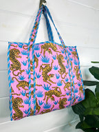 Light Pink and Blue Tiger Print Quilted Cotton Reversible Large Tote Bag