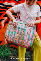Light Pink and Blue Tiger Print Quilted Weekender Overnight Bag