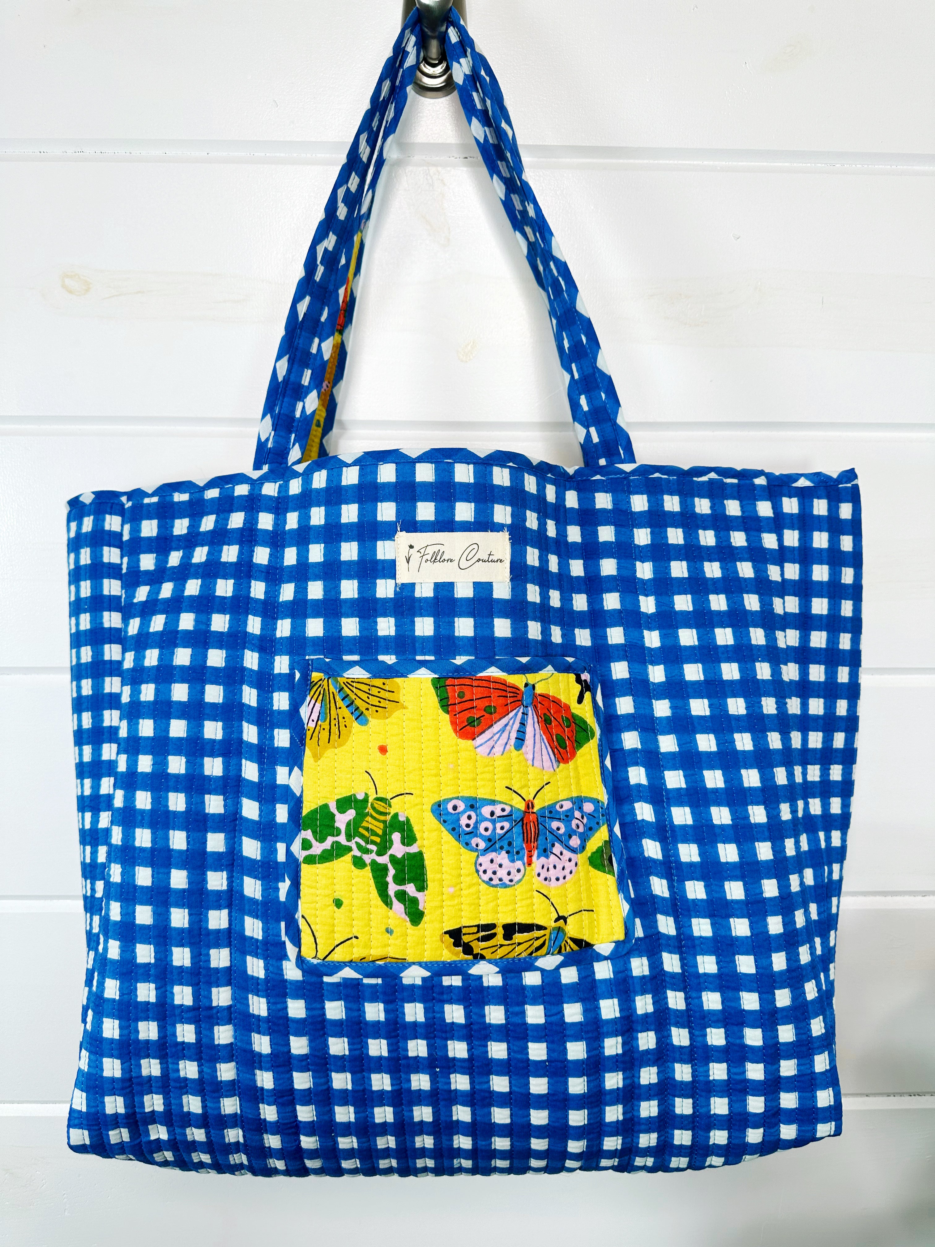 Yellow Butterfly Print Quilted Cotton Reversible Large Tote Bag