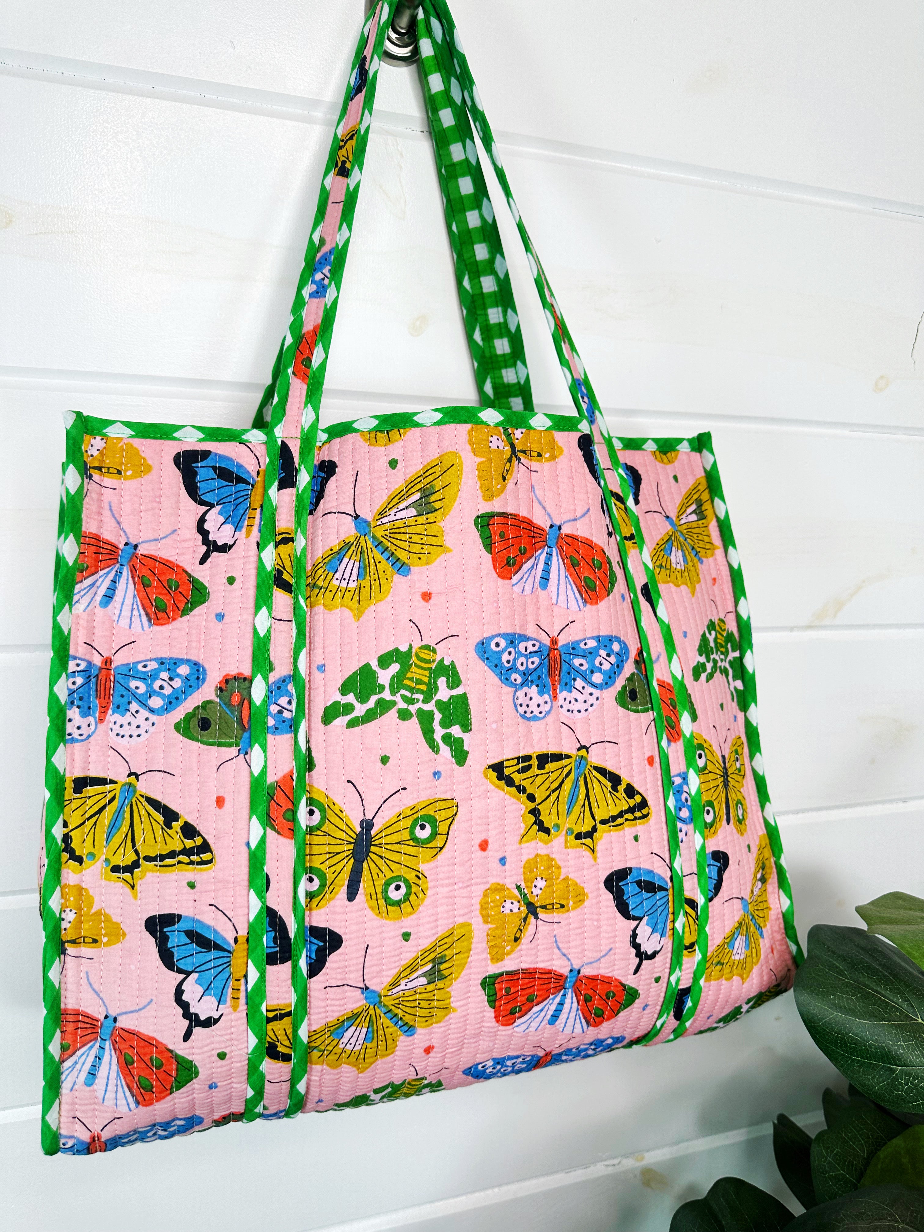 Pink Butterfly Print Quilted Cotton Reversible Large Tote Bag