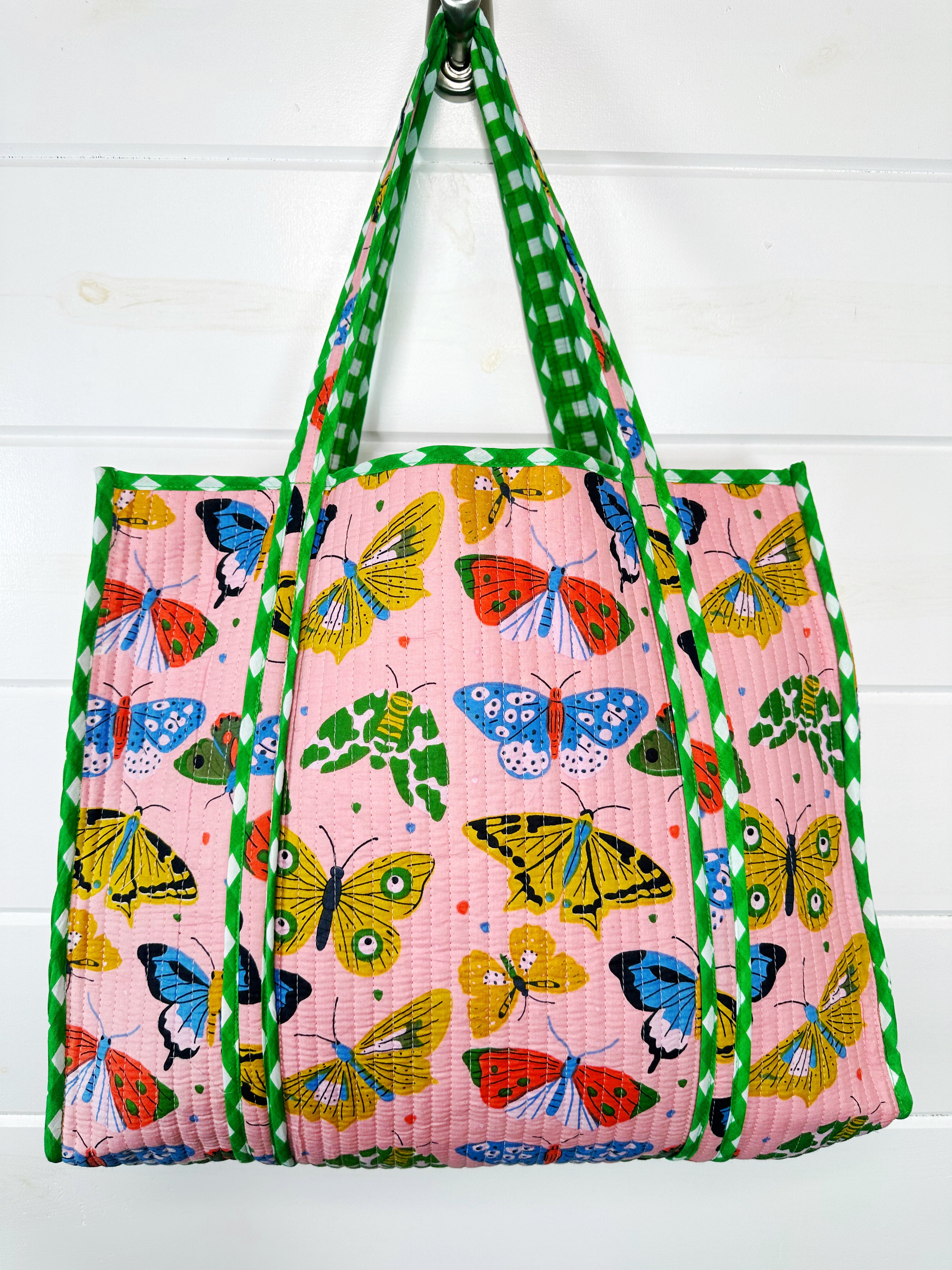 Pink Butterfly Print Quilted Cotton Reversible Large Tote Bag
