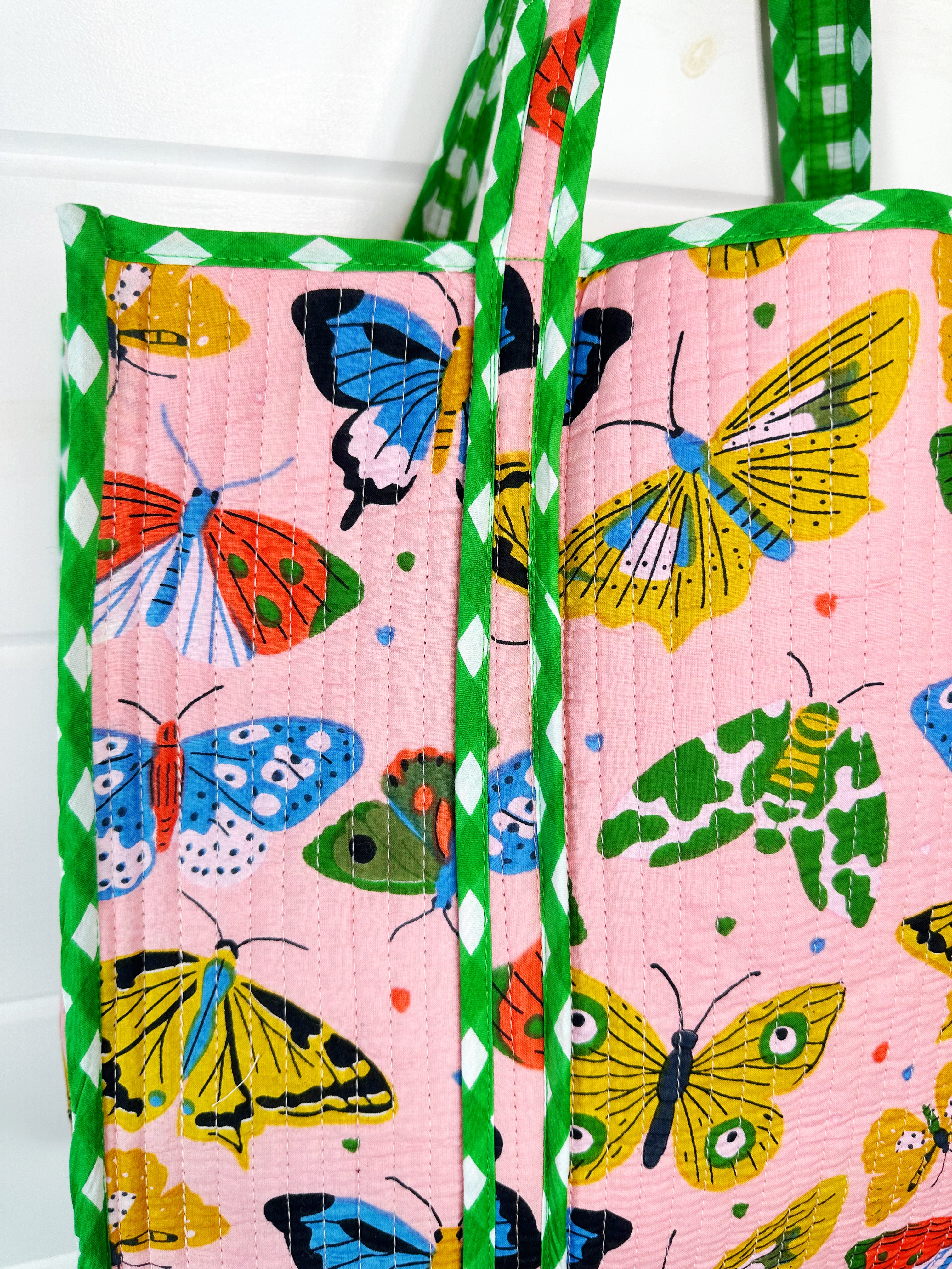 Pink Butterfly Print Quilted Cotton Reversible Large Tote Bag
