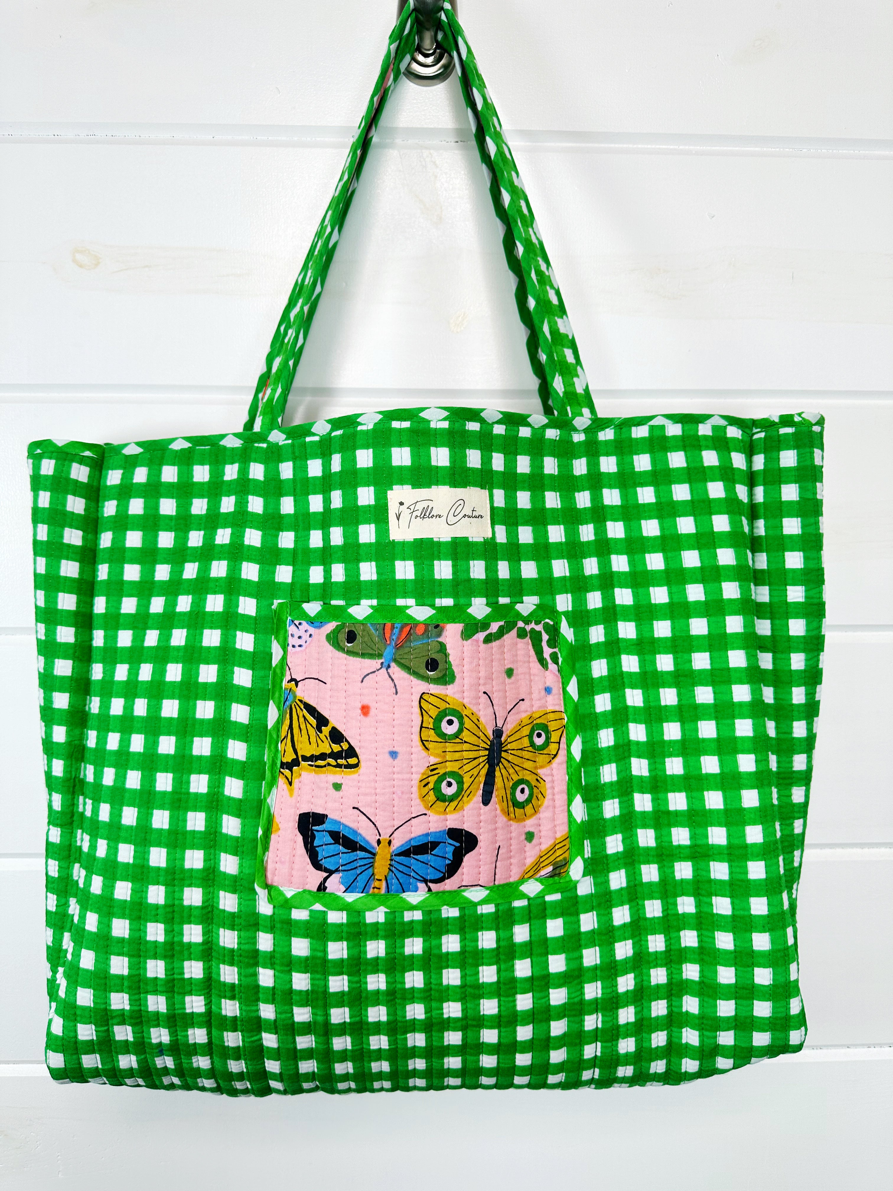 Pink Butterfly Print Quilted Cotton Reversible Large Tote Bag