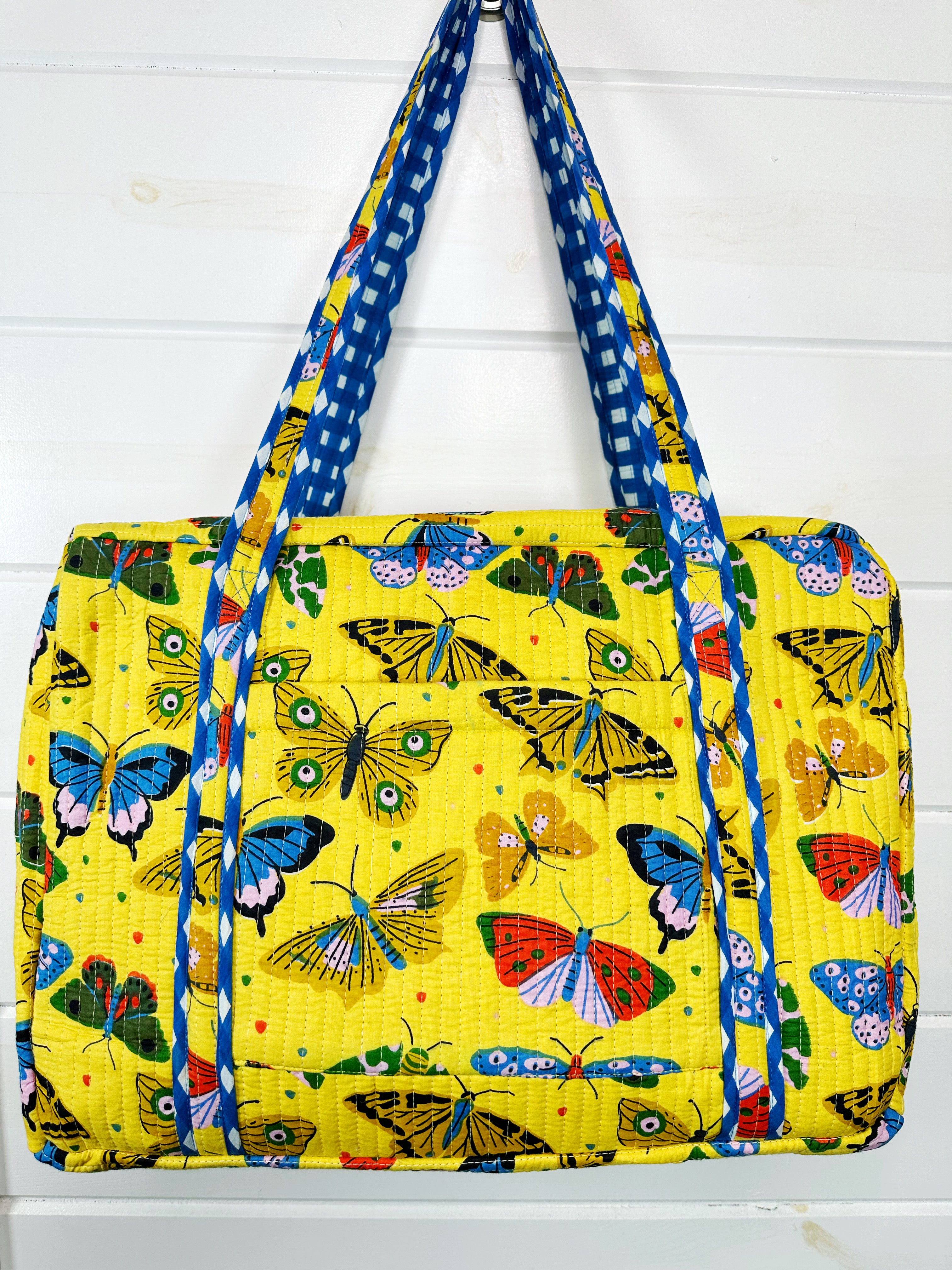 Yellow Butterfly Print Quilted Weekender Overnight Bag