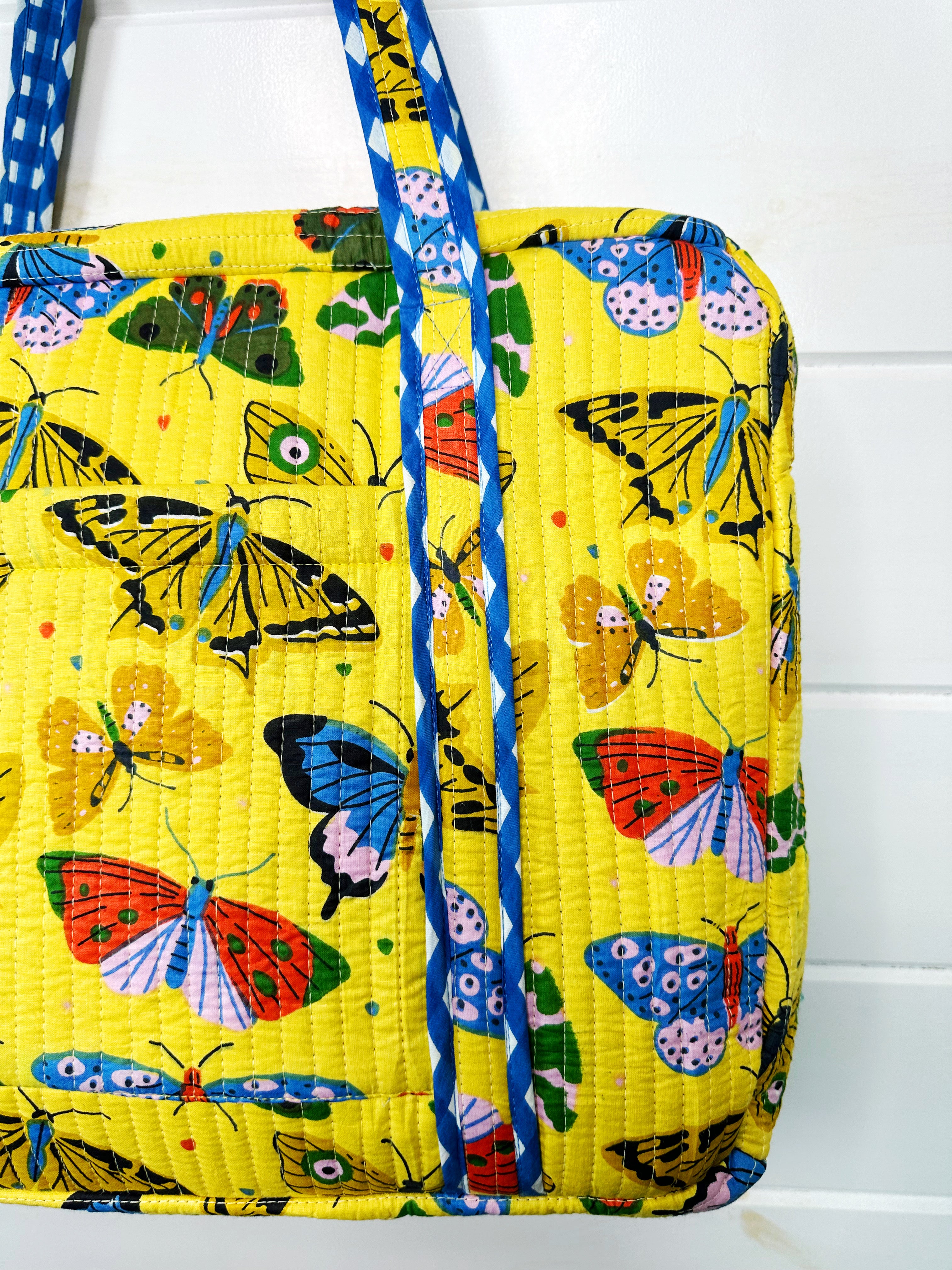 Yellow Butterfly Print Quilted Weekender Overnight Bag