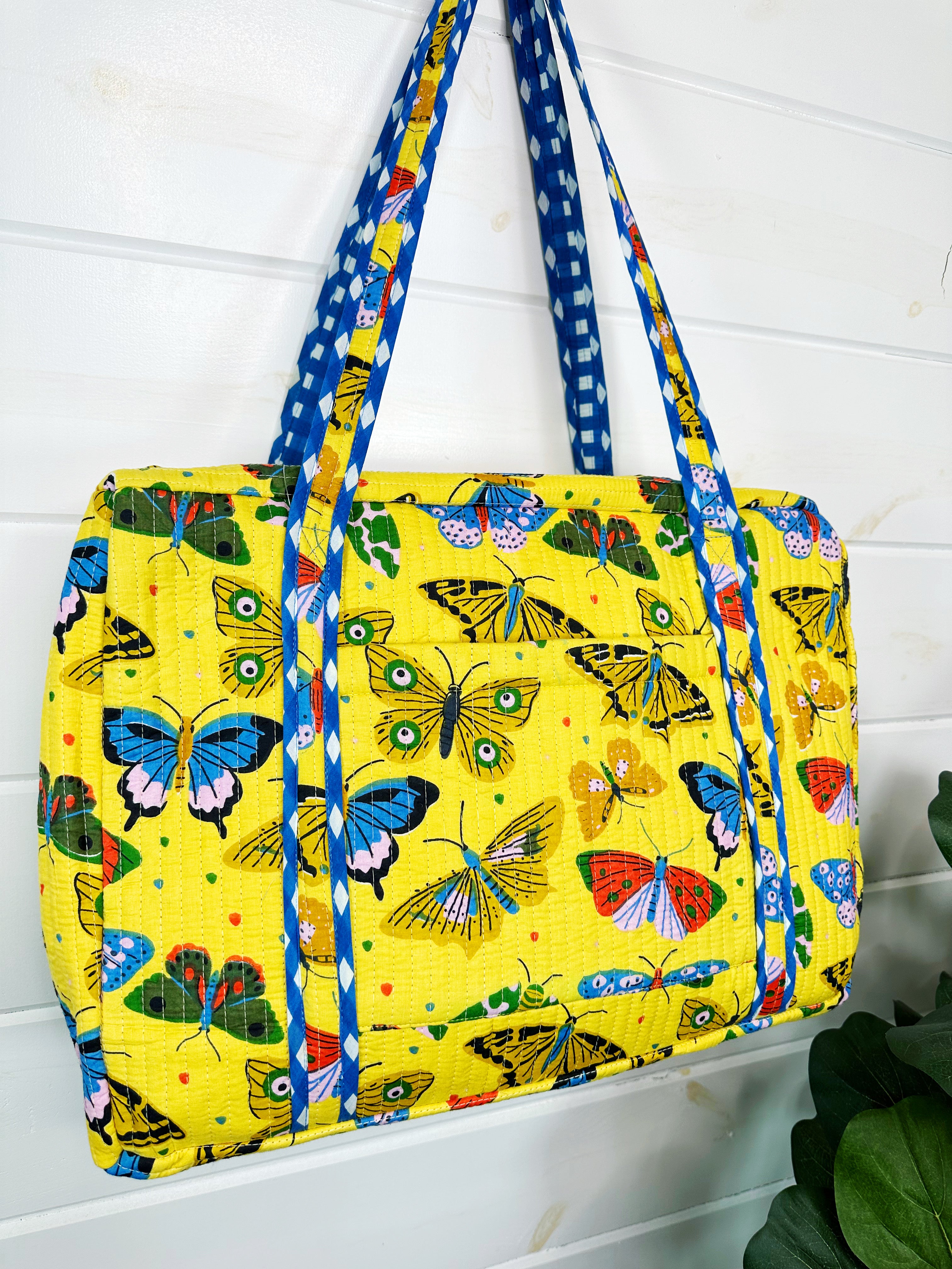 Yellow Butterfly Print Quilted Weekender Overnight Bag