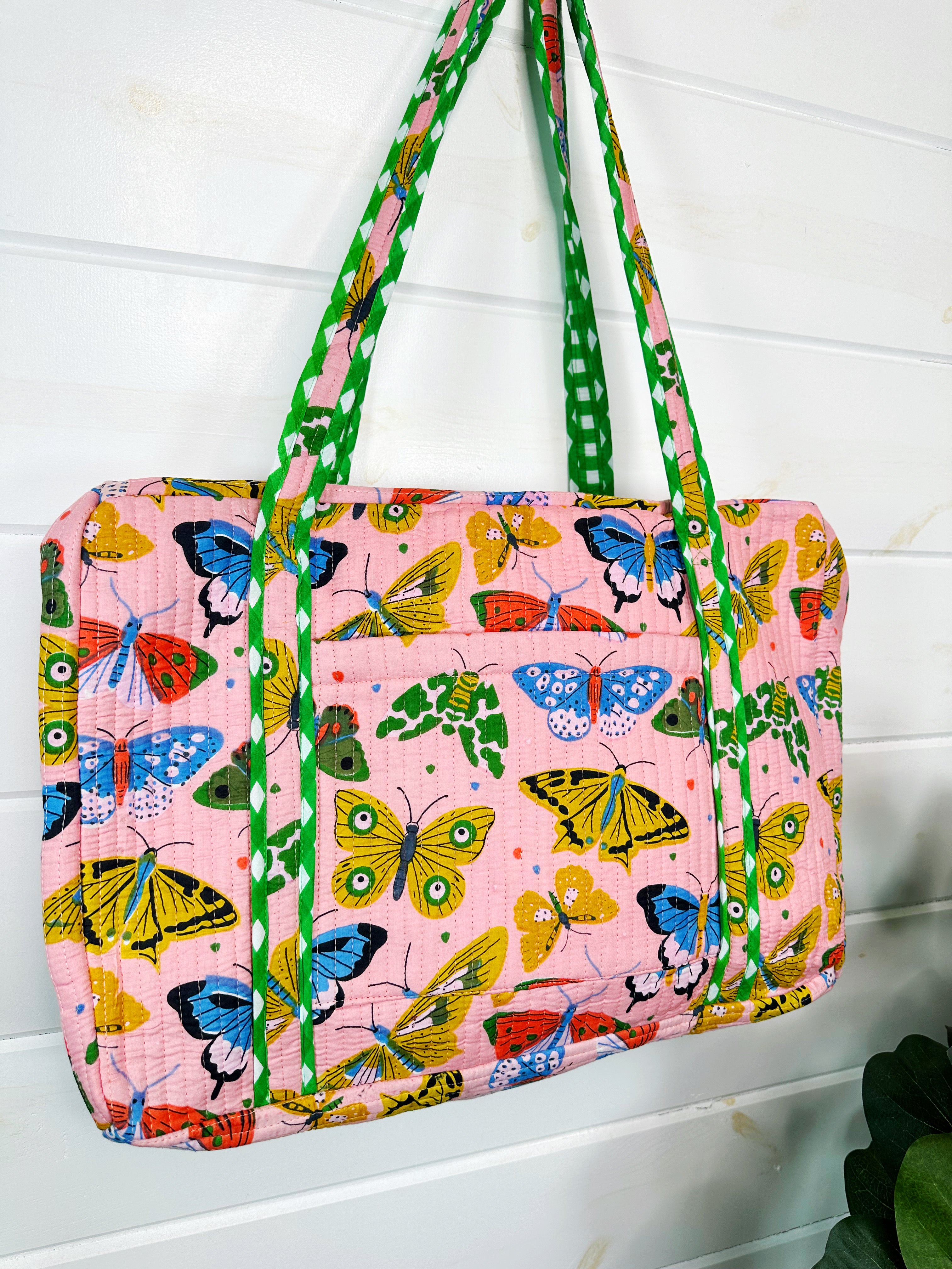 Pink Butterfly Print Quilted Weekender Overnight Bag
