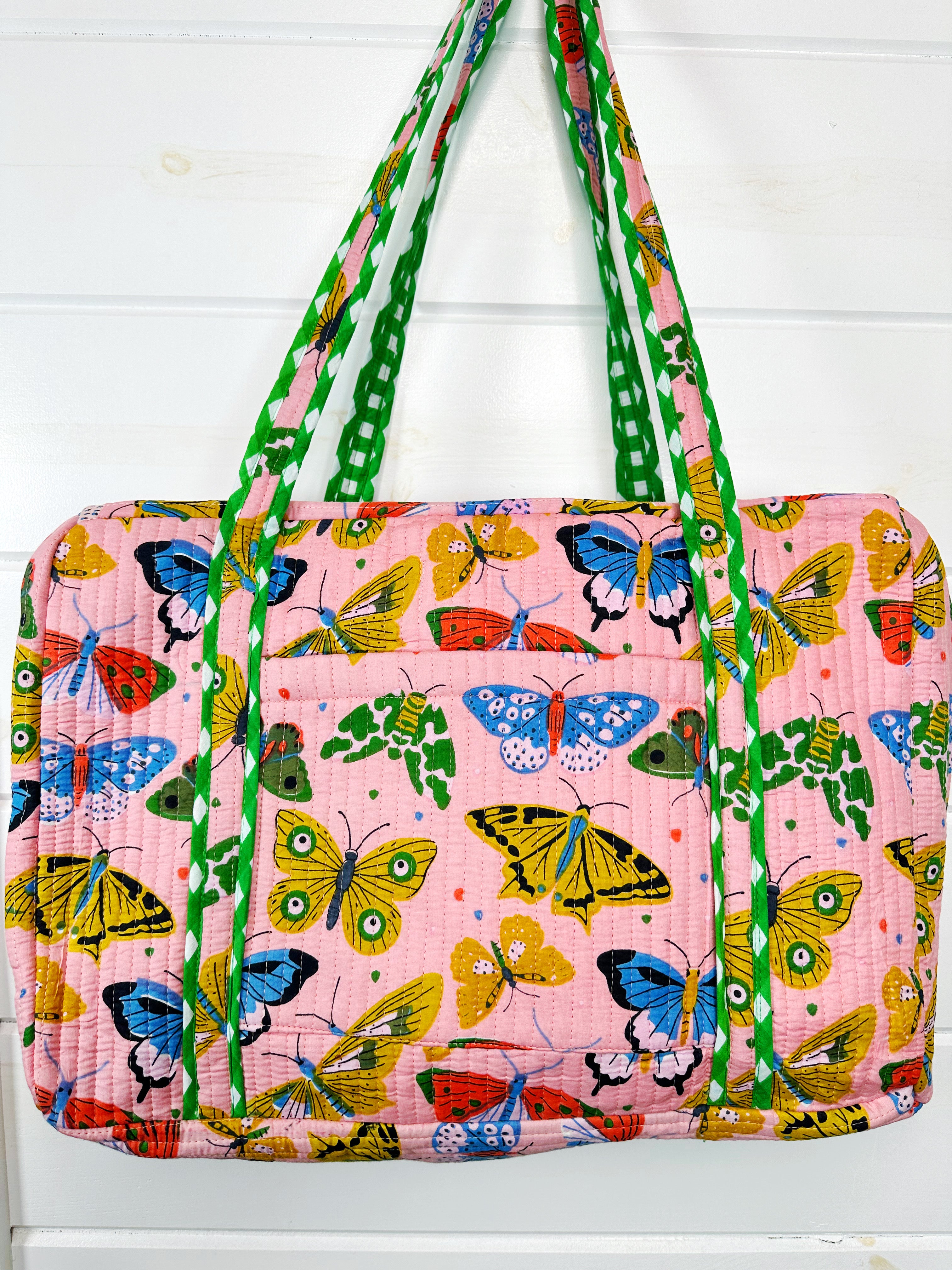 Pink Butterfly Print Quilted Weekender Overnight Bag