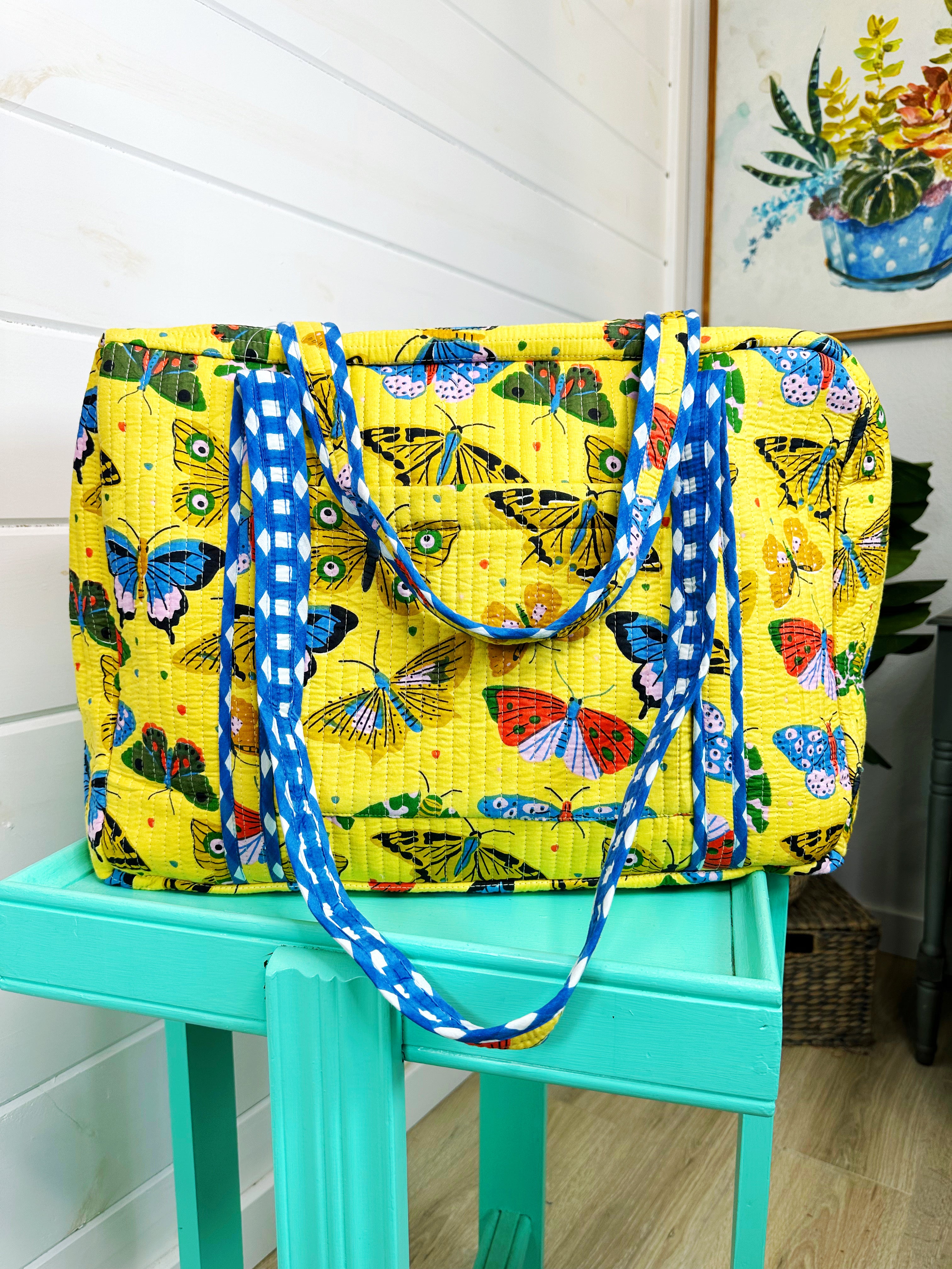 Yellow Butterfly Print Quilted Weekender Overnight Bag
