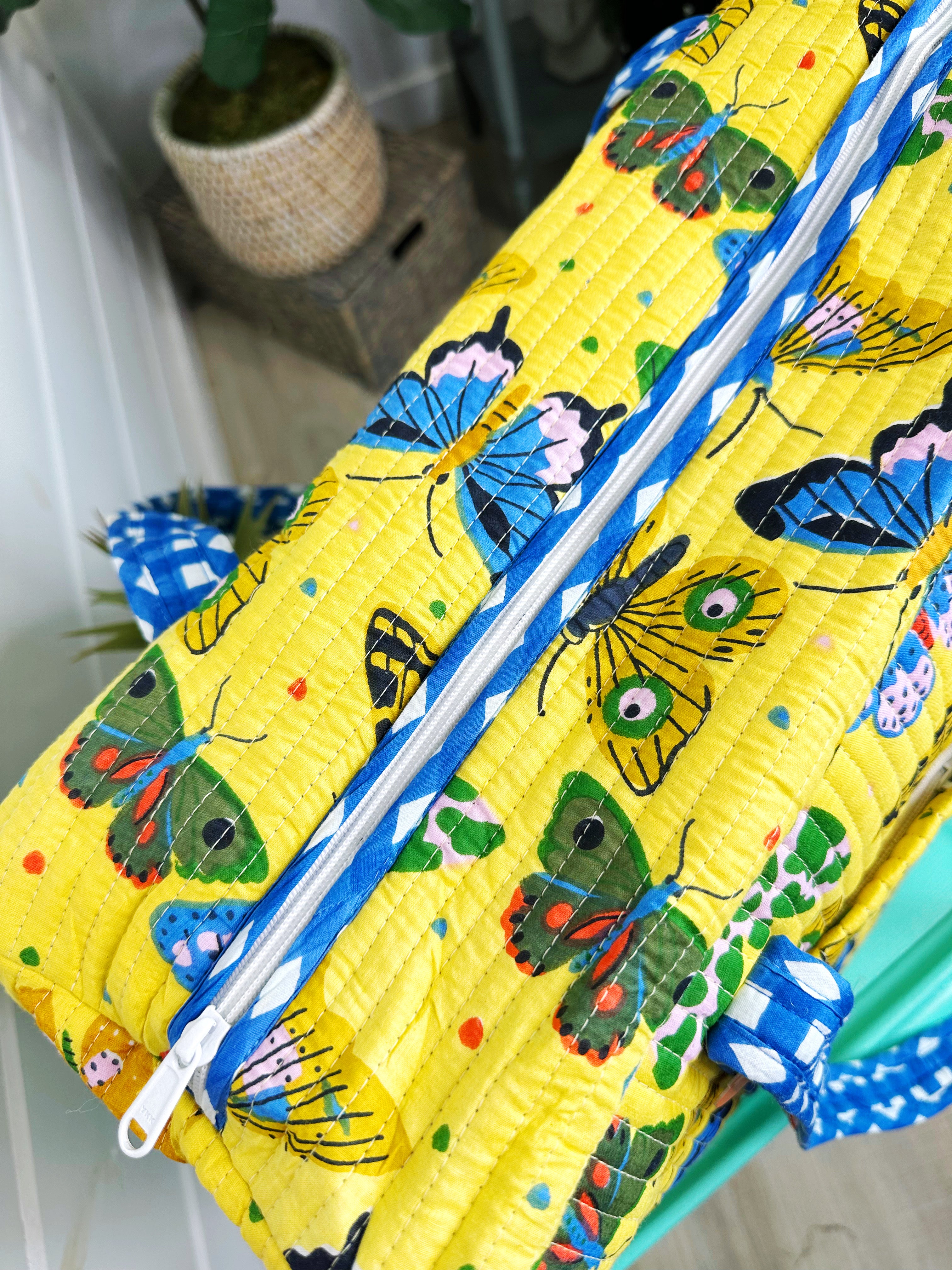Yellow Butterfly Print Quilted Weekender Overnight Bag