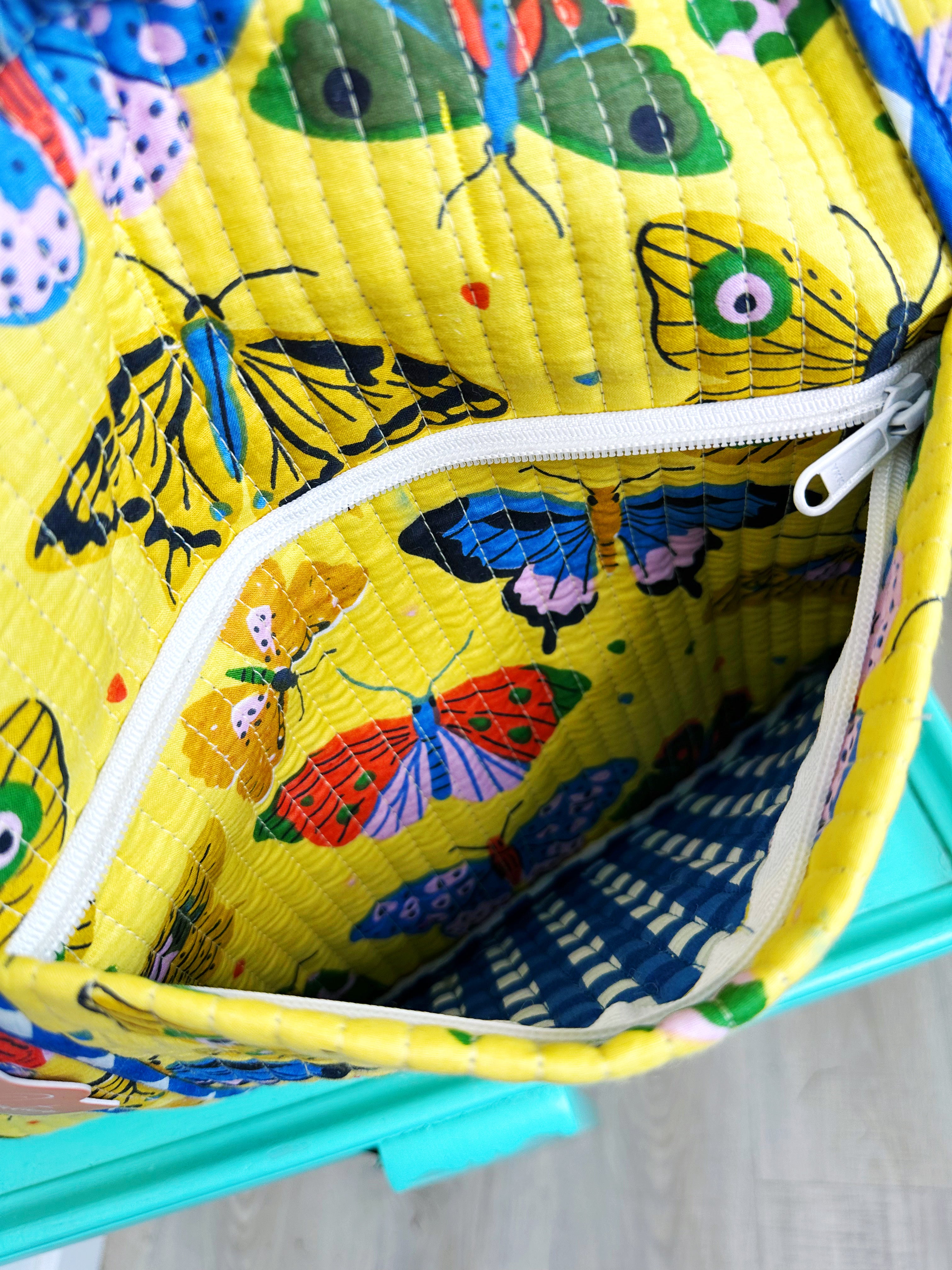 Yellow Butterfly Print Quilted Weekender Overnight Bag