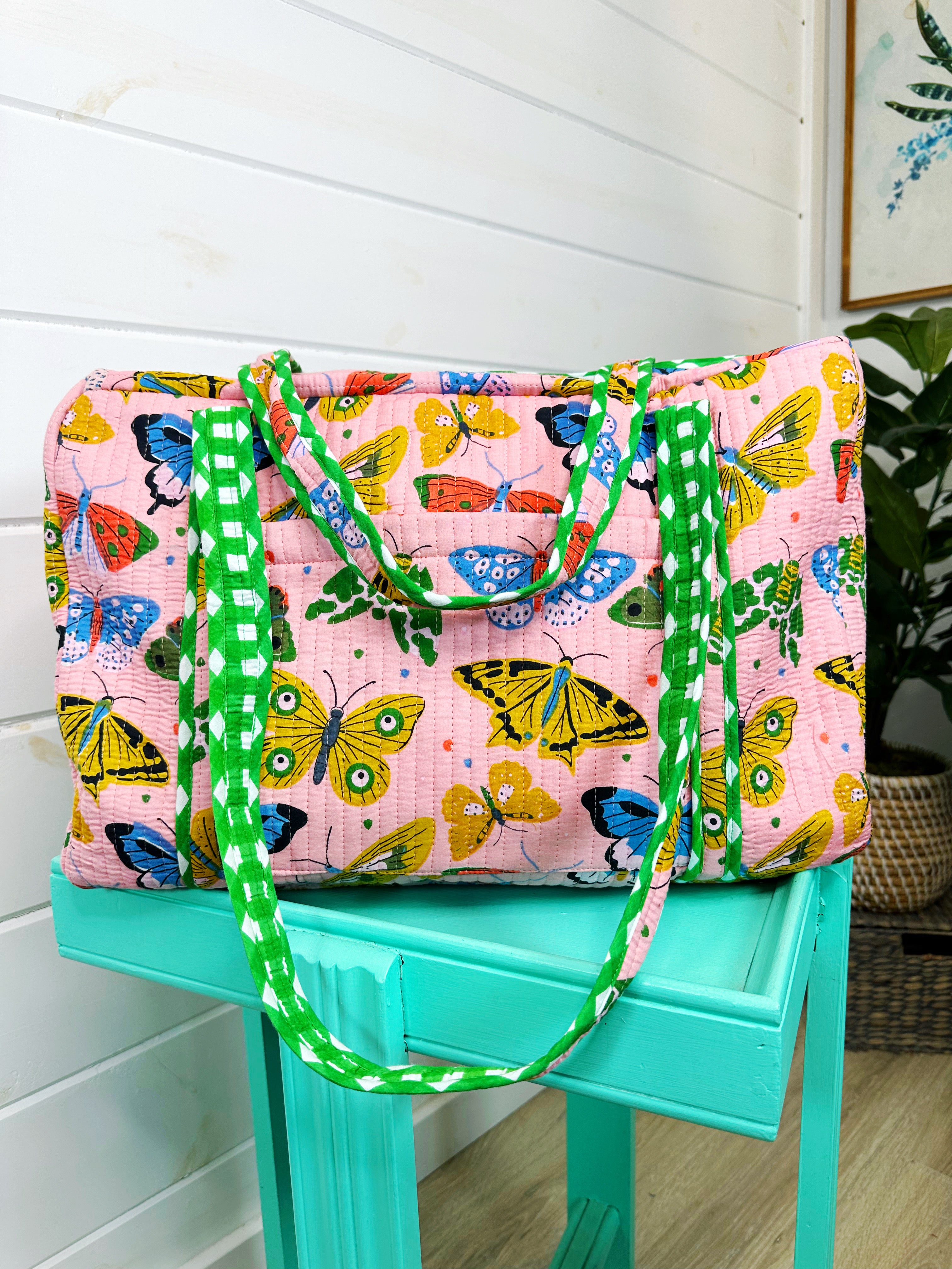 Pink Butterfly Print Quilted Weekender Overnight Bag