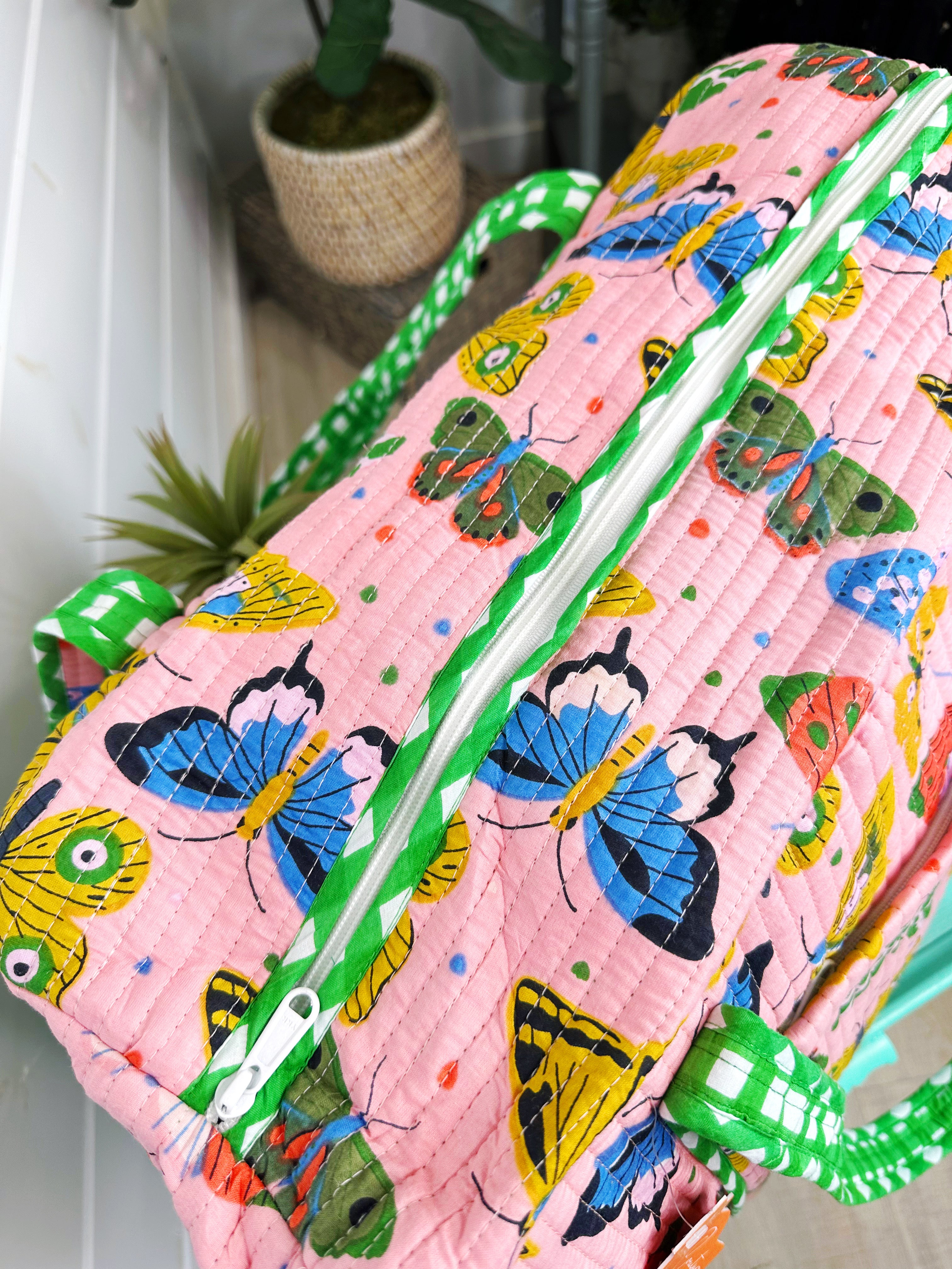 Pink Butterfly Print Quilted Weekender Overnight Bag