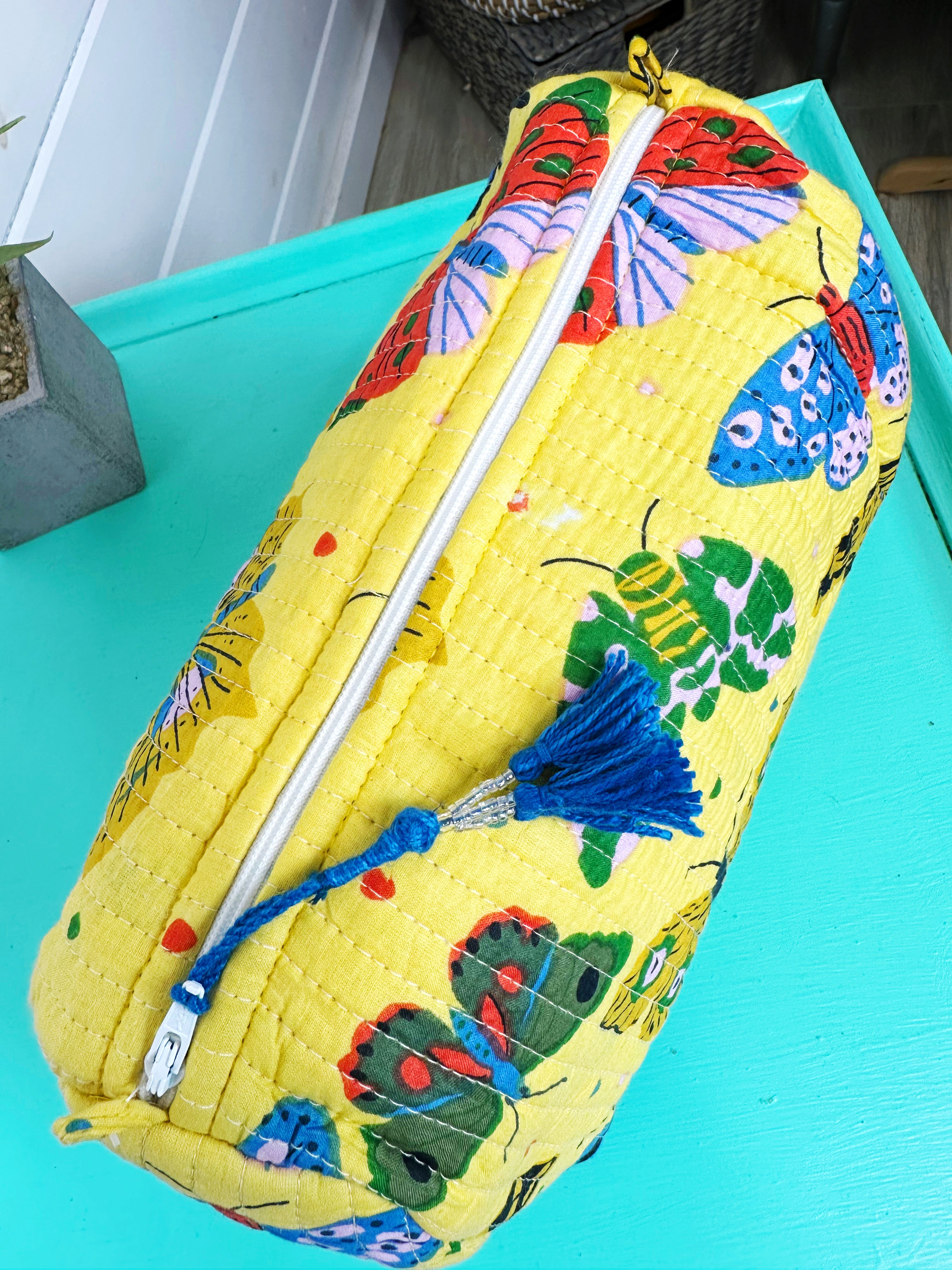 Yellow Butterfly Print Quilted Makeup Cosmetics Toiletry Bag