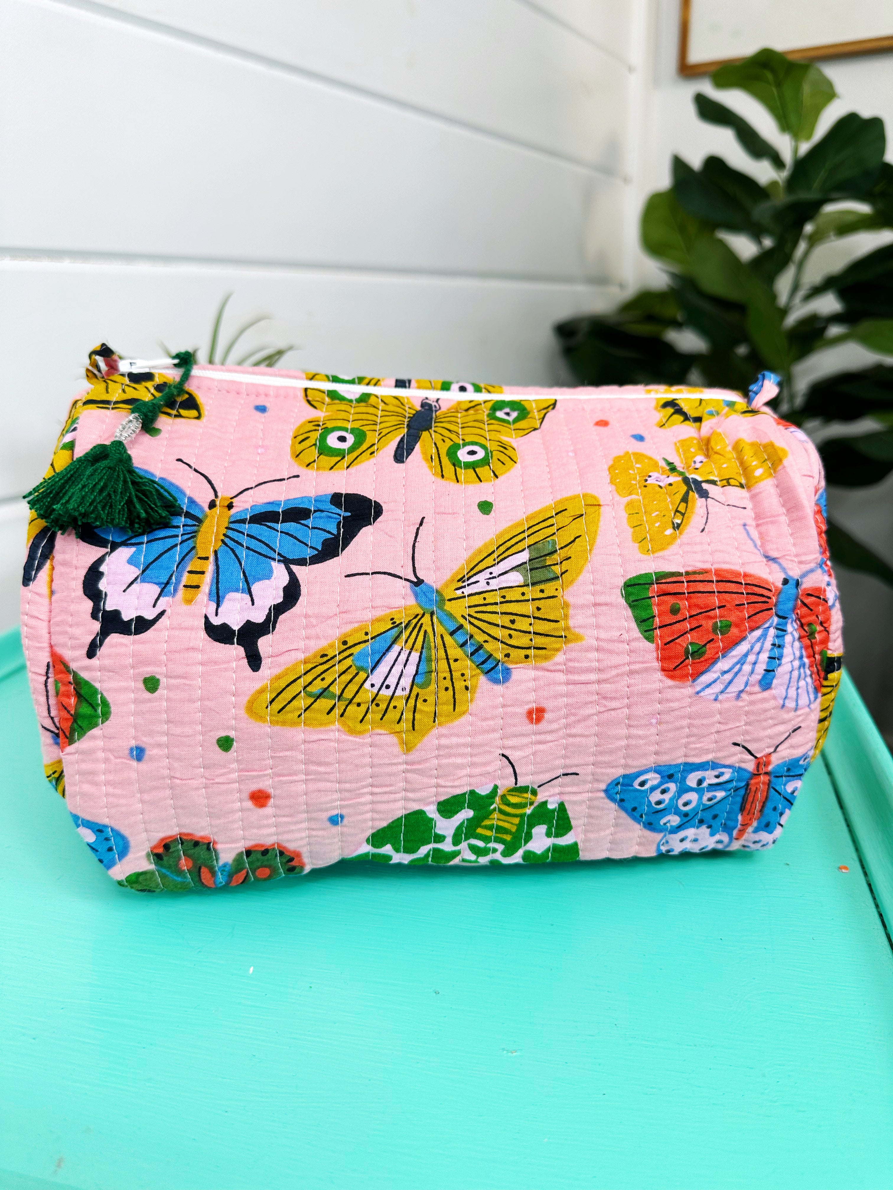 Pink Butterfly Print Quilted Makeup Cosmetics Toiletry Bag
