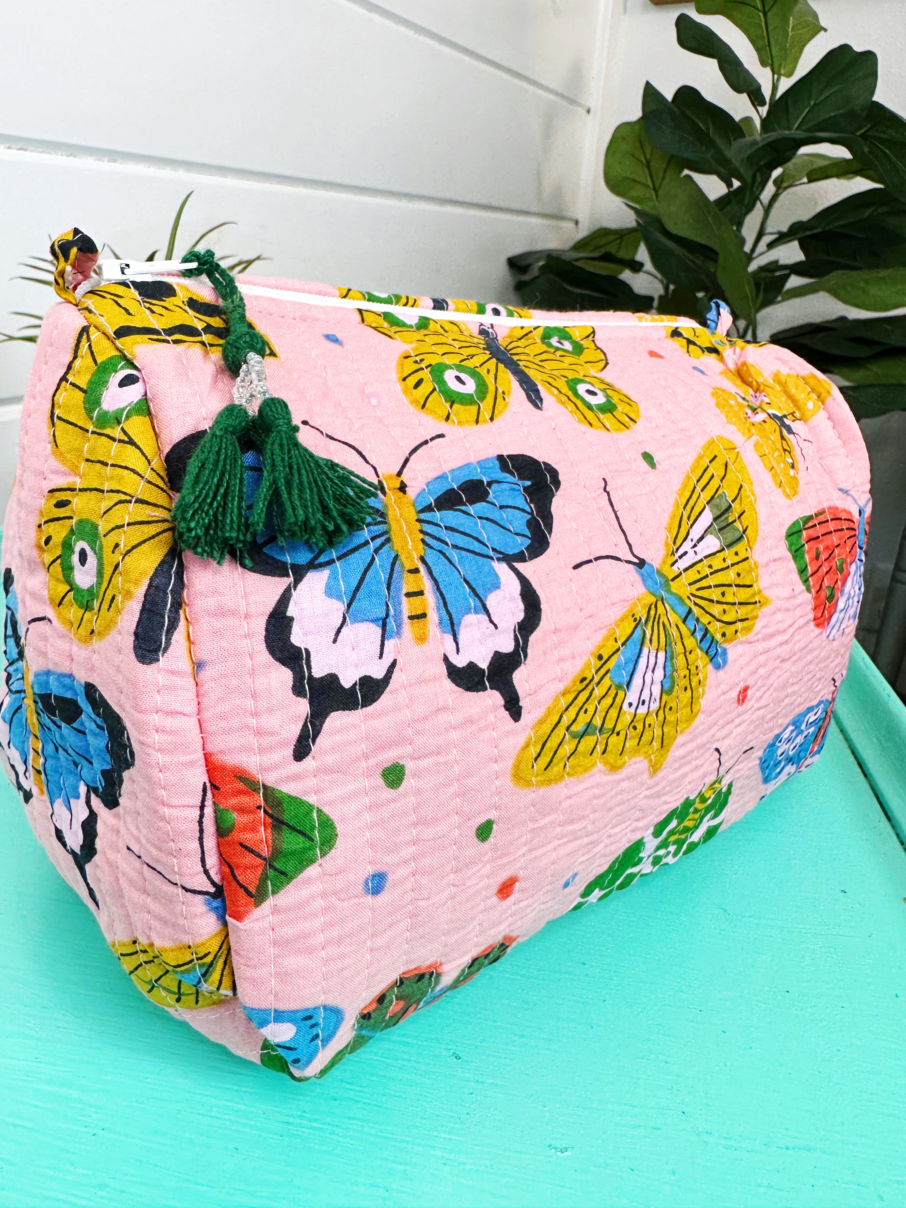 Pink Butterfly Print Quilted Makeup Cosmetics Toiletry Bag