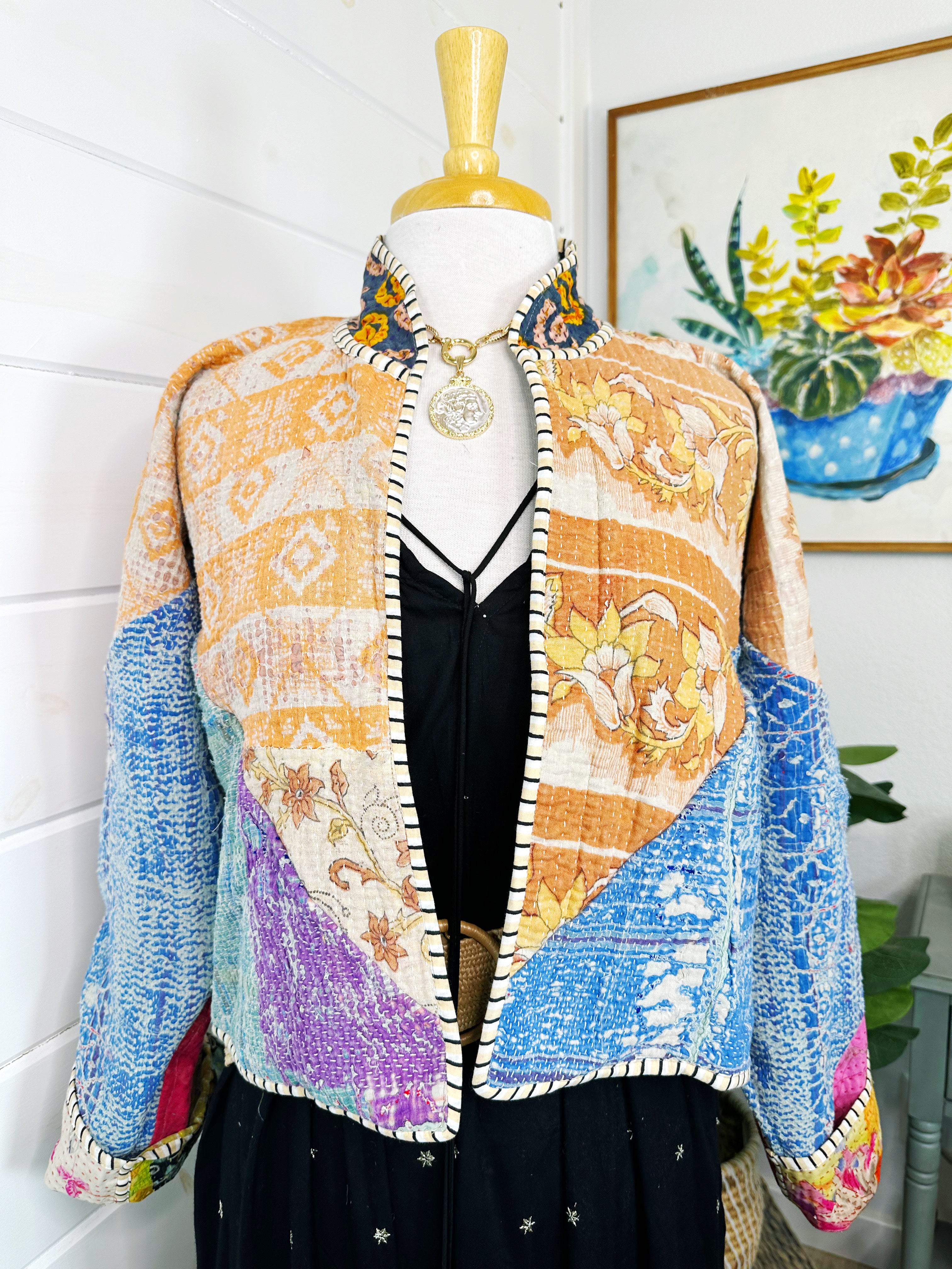 Boho Patchwork Kantha Jacket – Handmade Quilted & Reversible Blanket Coat