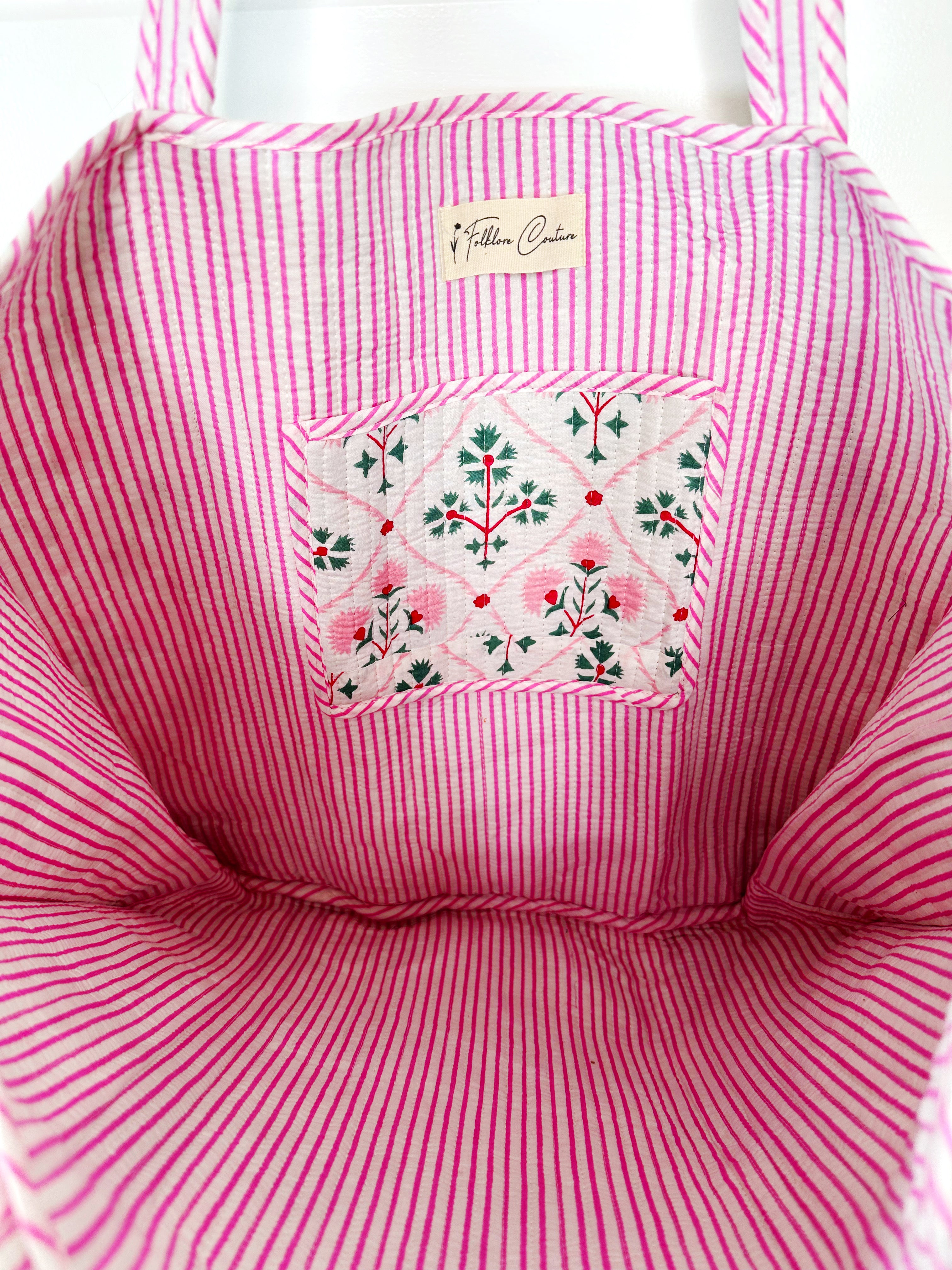 Folk Floral Print Quilted Cotton Reversible Large Tote Bag