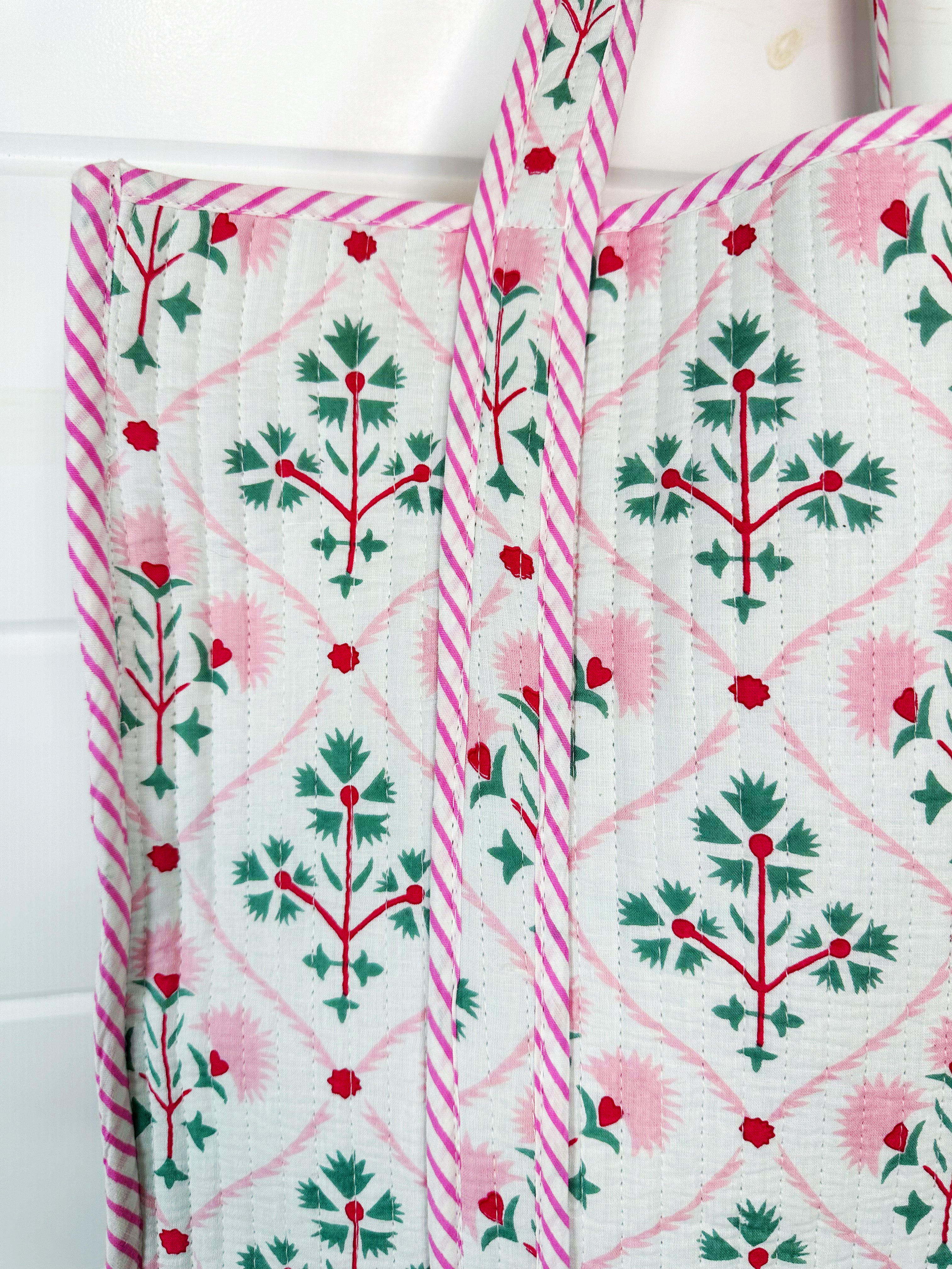 Folk Floral Print Quilted Cotton Reversible Large Tote Bag