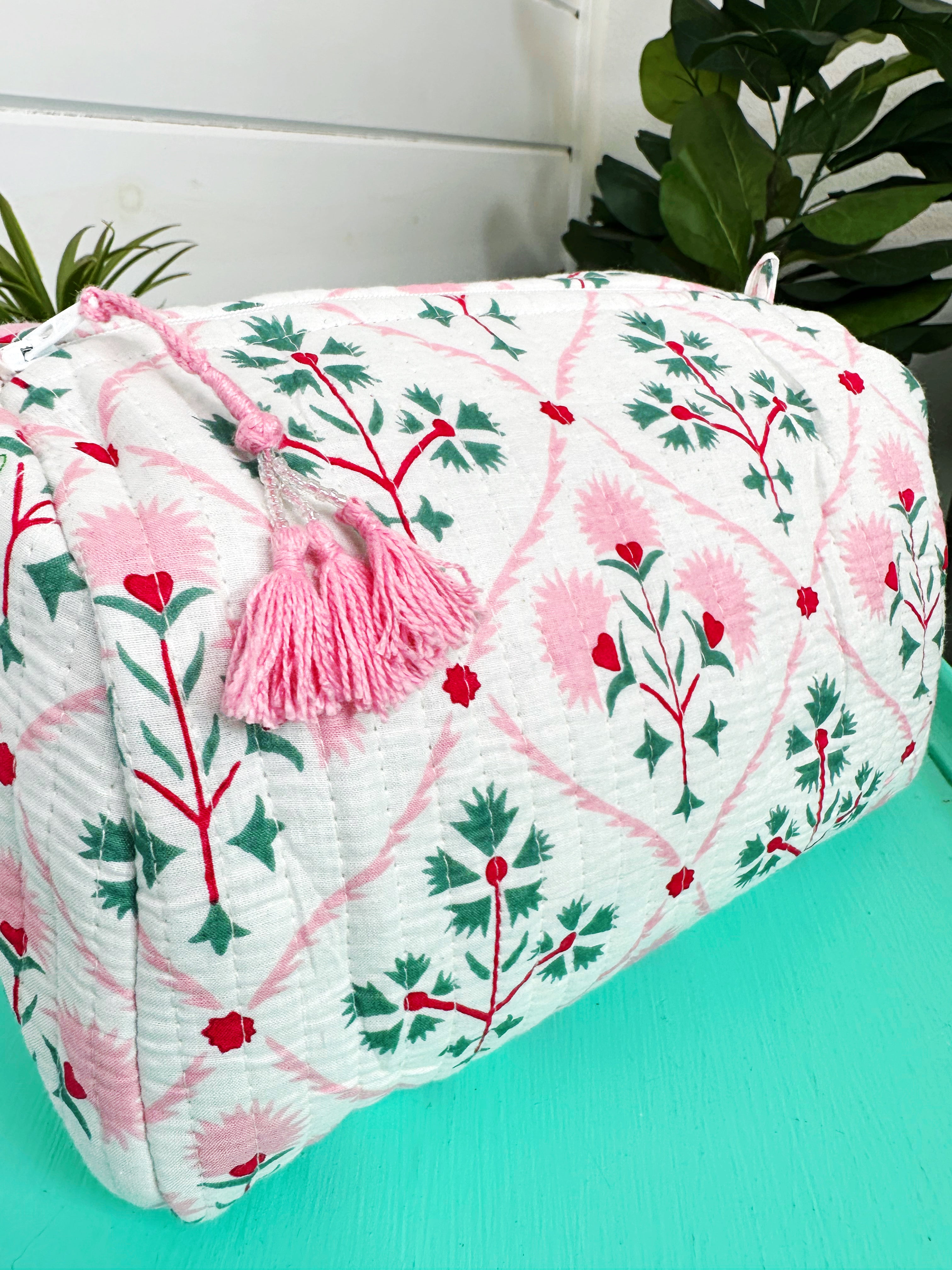 Folk Floral Print Quilted Makeup Cosmetics Toiletry Bag