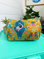 Yellow Peacock Print Quilted Makeup Cosmetics Toiletry Bag