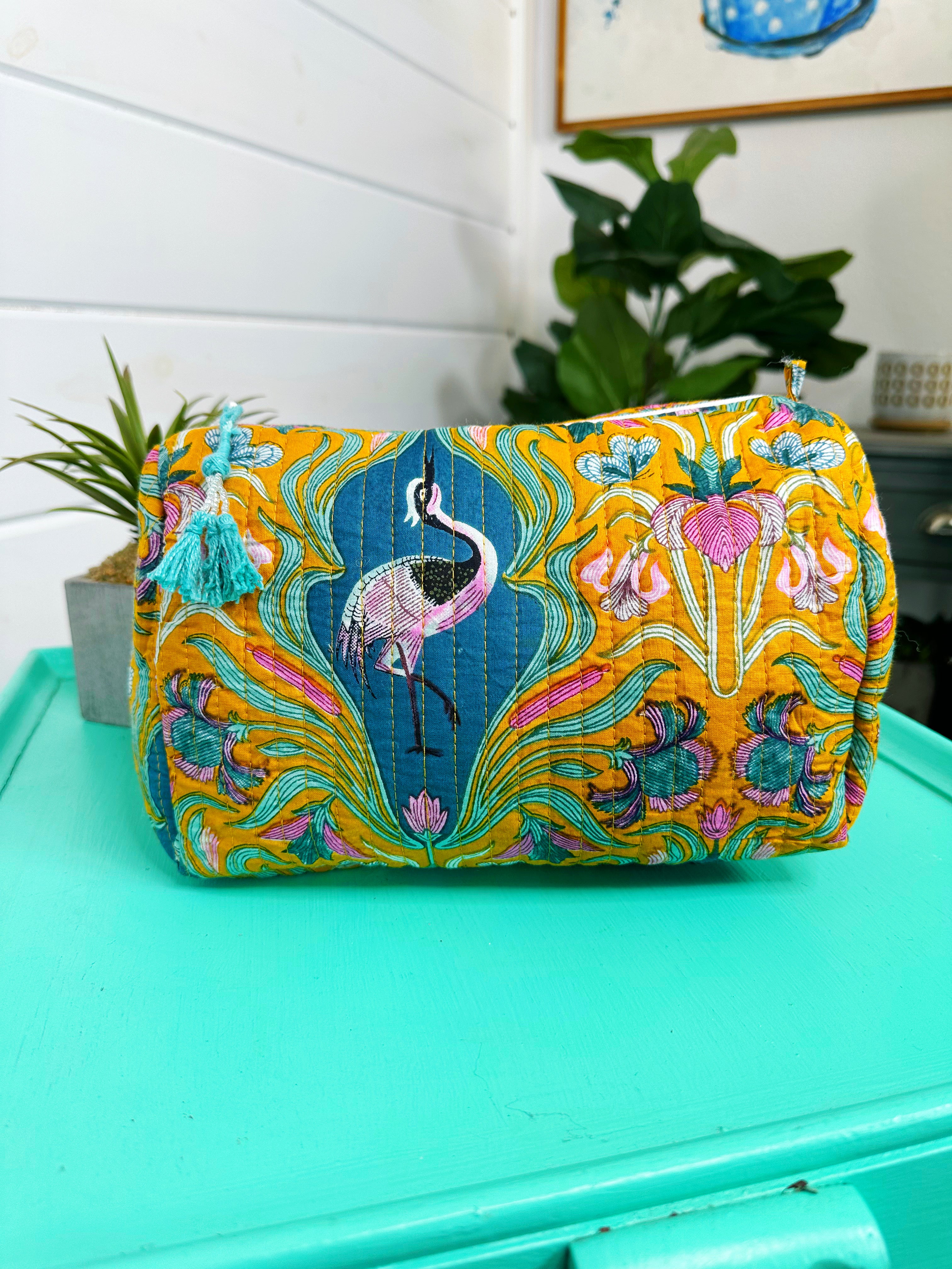 Yellow Peacock Print Quilted Makeup Cosmetics Toiletry Bag