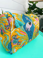 Yellow Peacock Print Quilted Makeup Cosmetics Toiletry Bag