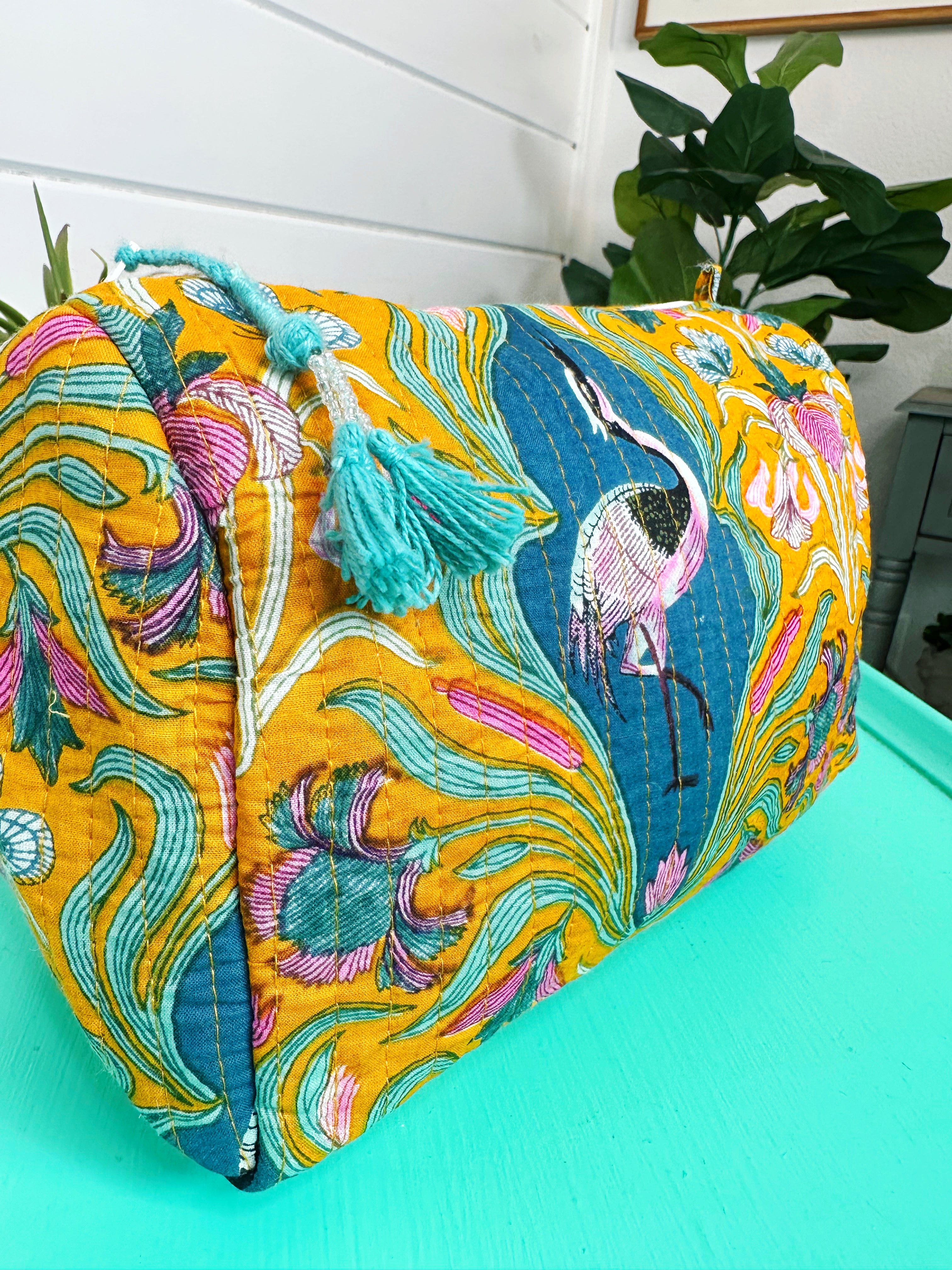 Yellow Peacock Print Quilted Makeup Cosmetics Toiletry Bag
