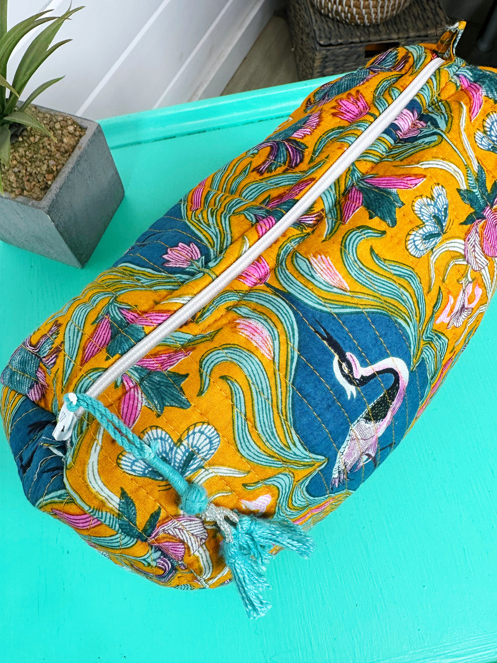 Yellow Peacock Print Quilted Makeup Cosmetics Toiletry Bag