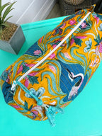 Yellow Peacock Print Quilted Makeup Cosmetics Toiletry Bag